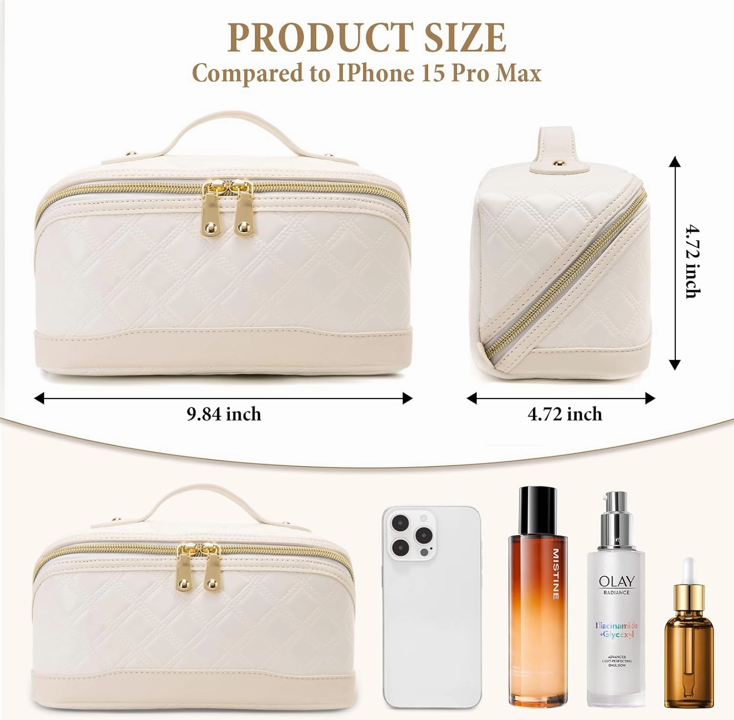 Travel Makeup Bag Large Capacity Cosmetic Bag for Women PU Leather Checkered Open Flat Toiletry Bag Make Up Organizer Bags with Handle and Divider (Beige)