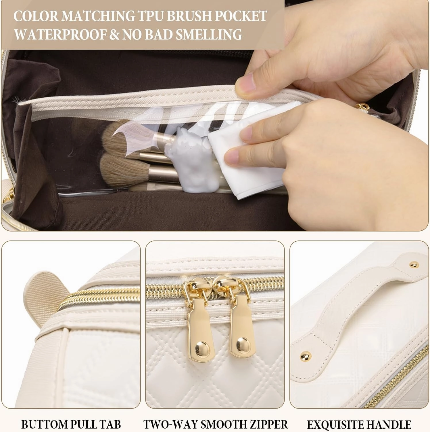 Travel Makeup Bag Large Capacity Cosmetic Bag for Women PU Leather Checkered Open Flat Toiletry Bag Make Up Organizer Bags with Handle and Divider (Beige)