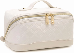 Travel Makeup Bag Large Capacity Cosmetic Bag for Women PU Leather Checkered Open Flat Toiletry Bag Make Up Organizer Bags with Handle and Divider (Beige)