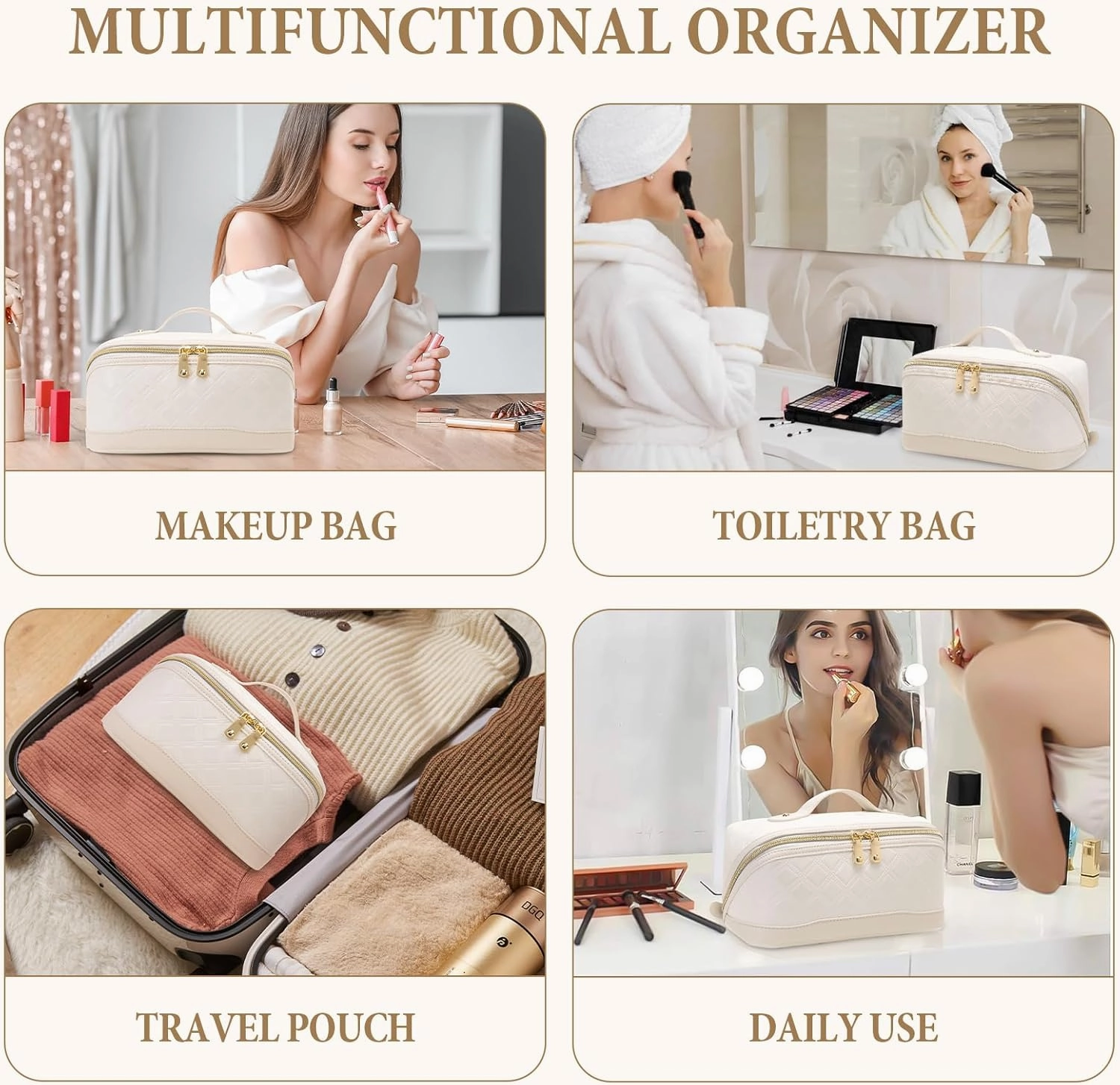 Travel Makeup Bag Large Capacity Cosmetic Bag for Women PU Leather Checkered Open Flat Toiletry Bag Make Up Organizer Bags with Handle and Divider (Beige)