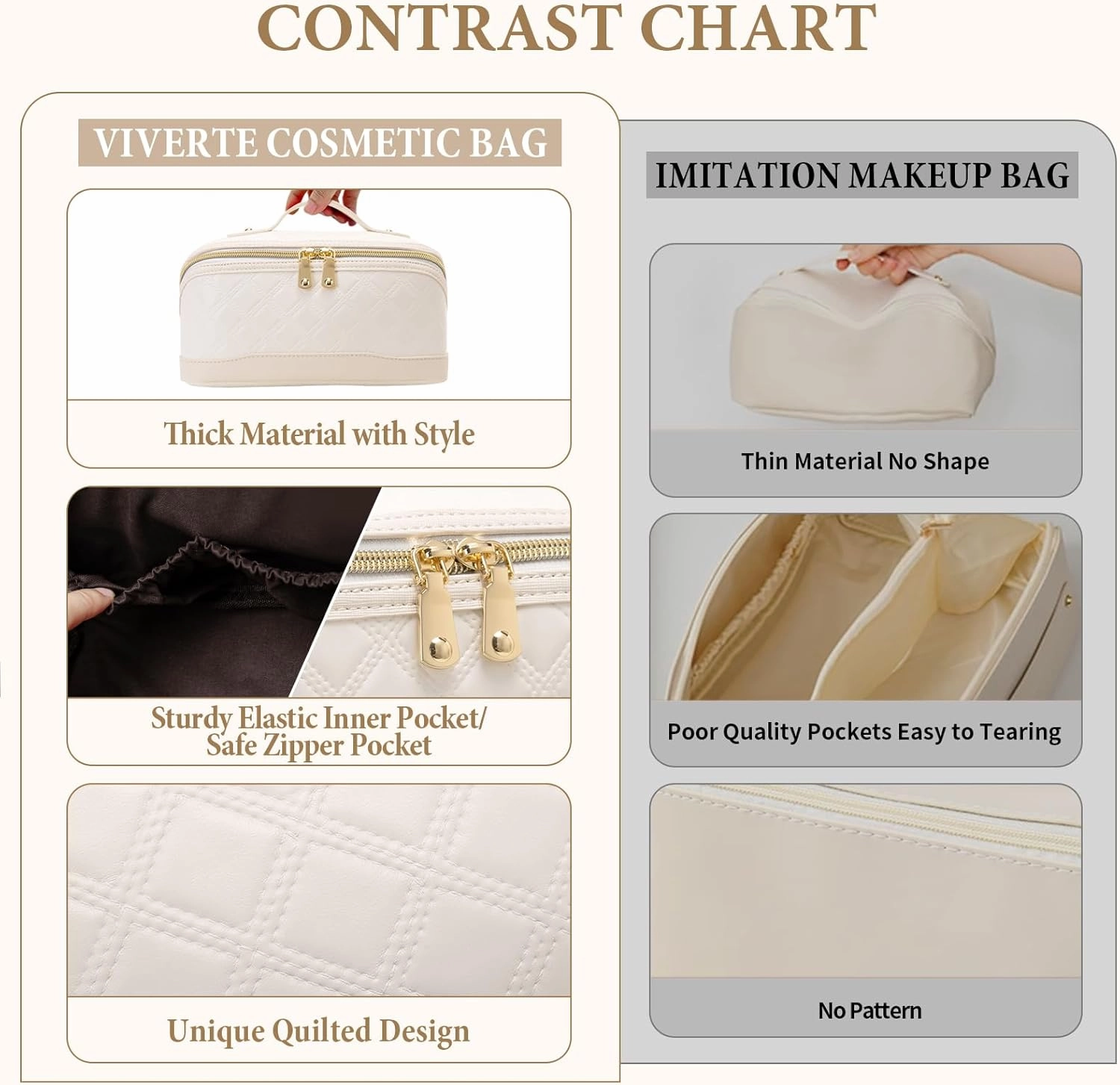 Travel Makeup Bag Large Capacity Cosmetic Bag for Women PU Leather Checkered Open Flat Toiletry Bag Make Up Organizer Bags with Handle and Divider (Beige)