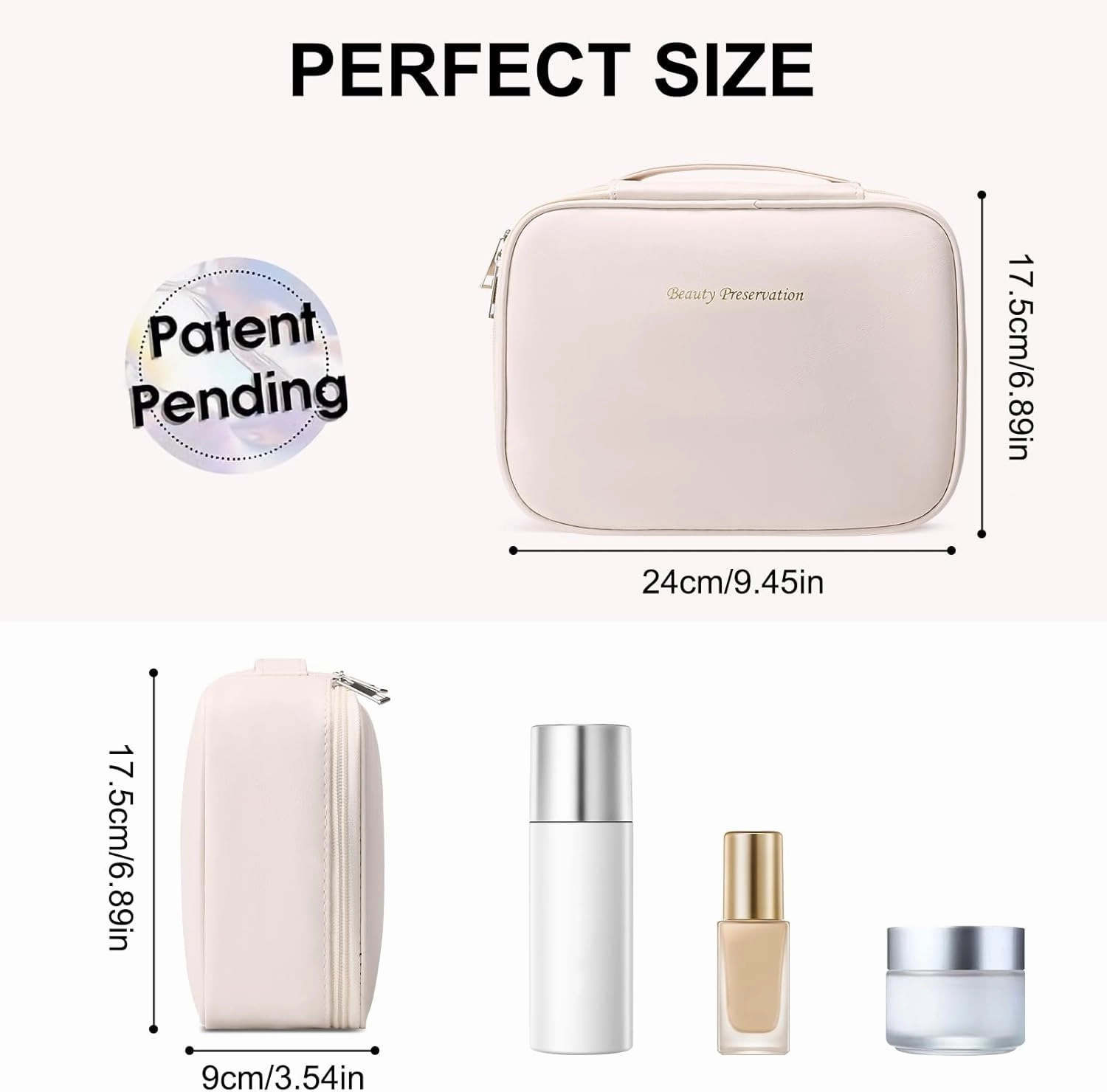 Travel Makeup Bag Waterproof PU Leather Portable Cosmetic Bag, Portable Pouch Open Flat Toiletry Bag Makeup Bag With Handle and Divider