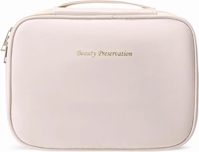 Travel Makeup Bag Waterproof PU Leather Portable Cosmetic Bag, Portable Pouch Open Flat Toiletry Bag Makeup Bag With Handle and Divider