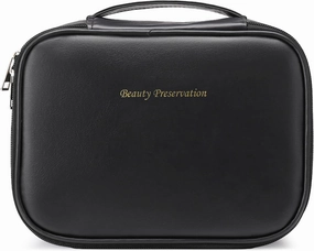 Travel Makeup Bag Waterproof PU Leather Portable Cosmetic Bag, Portable Pouch Open Flat Toiletry Bag Makeup Bag With Handle and Divider