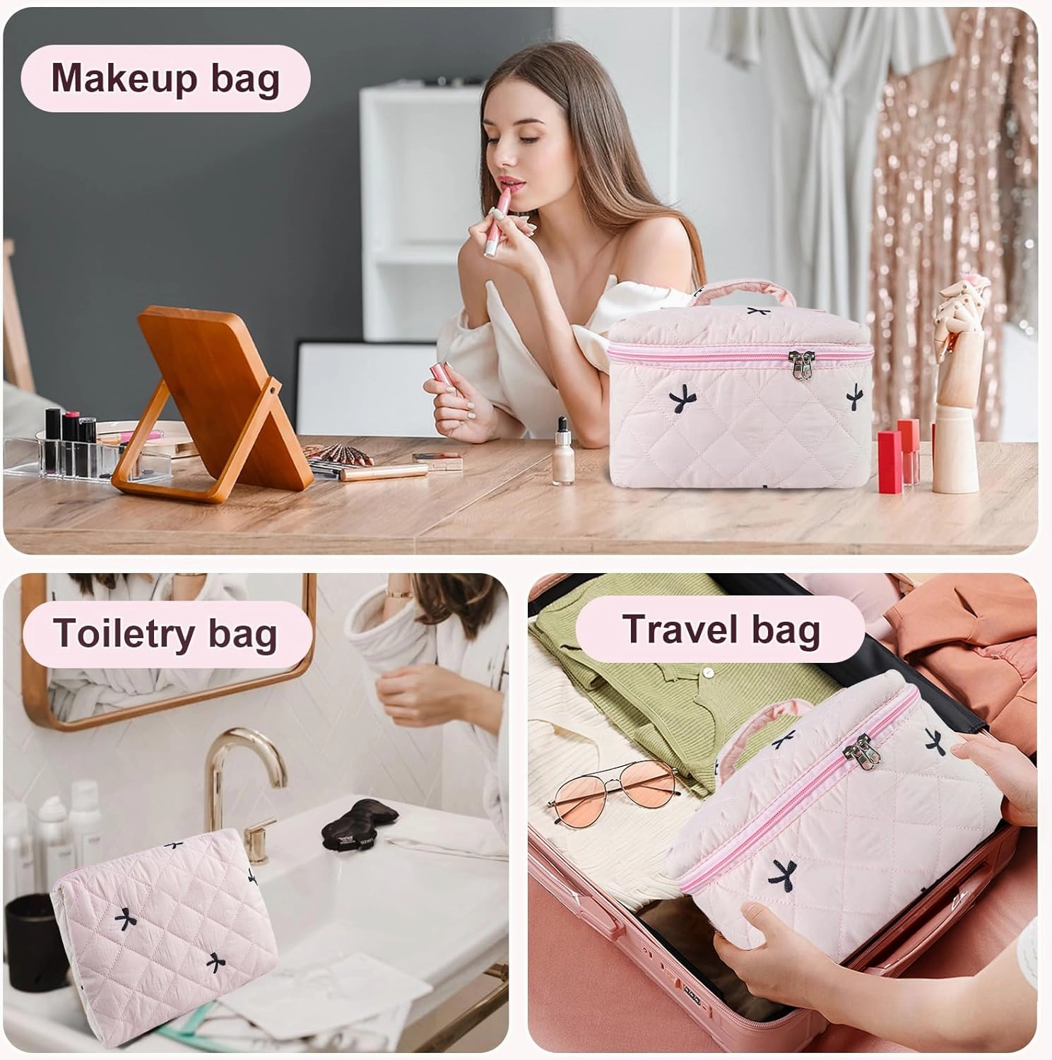 Travel Makeup Bags, Cute Bow Cosmetic Organizer Bag, 4-Set Large Capacity Make up Bag Quilted Toiletry Bag for Women Girls