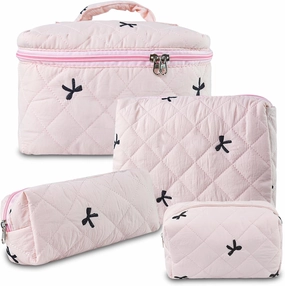 Travel Makeup Bags, Cute Bow Cosmetic Organizer Bag, 4-Set Large Capacity Make up Bag Quilted Toiletry Bag for Women Girls