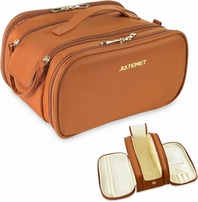Travel Toiletry Bag, Lightweight Large Wide-open Cosmetic Makeup Bag for Women, Waterproof Skincare Bag with Dry Wet Depart and for Accessories,Essentials, Toiletries (Brown)