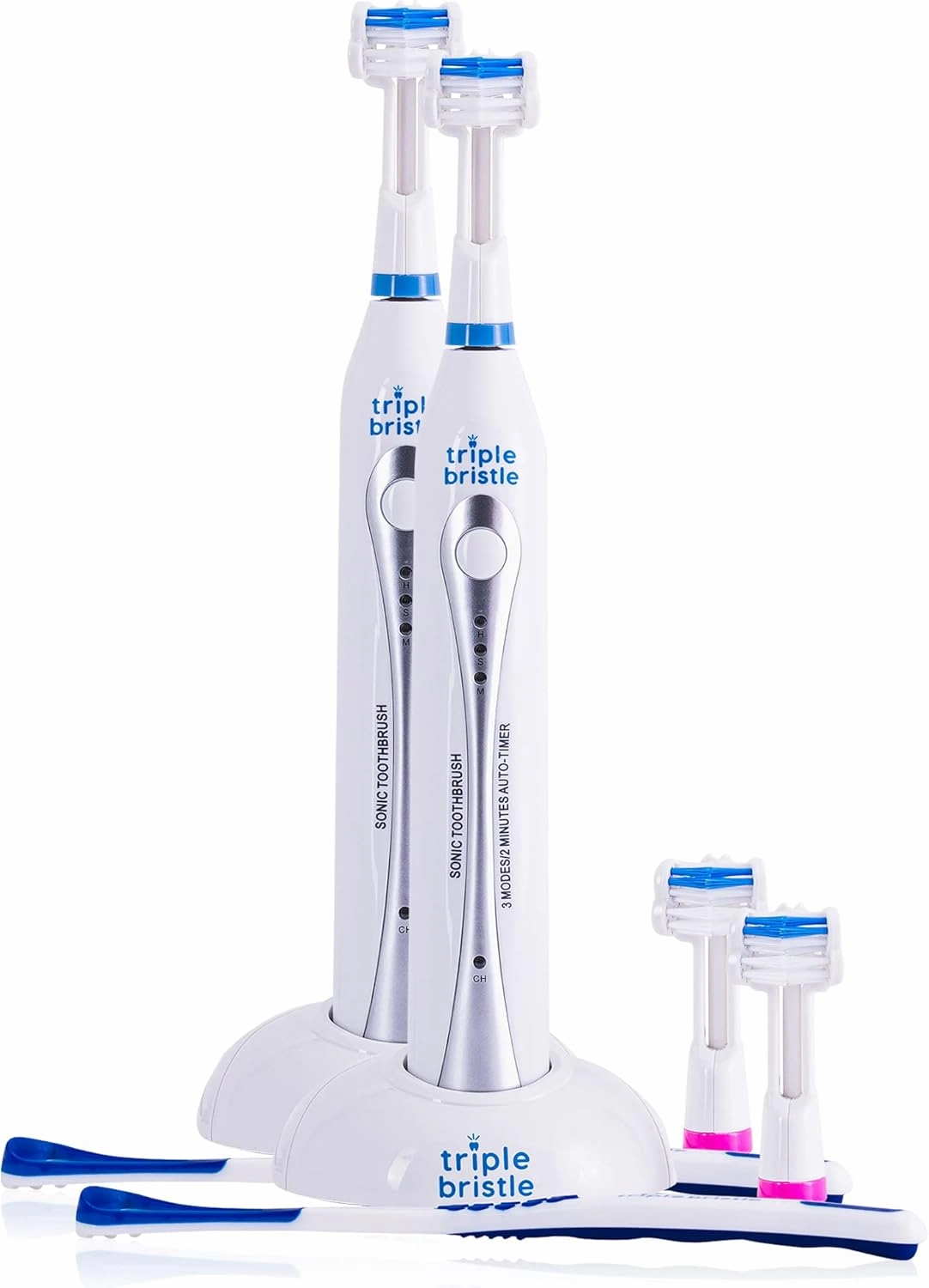 Triple Bristle Original Sonic Toothbrush | Rechargeable 31,000 VPM Tooth Brush | Patented 3 Head Design | Angled Bristles Clean Each Tooth | Dentist Created & Approved | Triple Bristle Original 2 Pack
