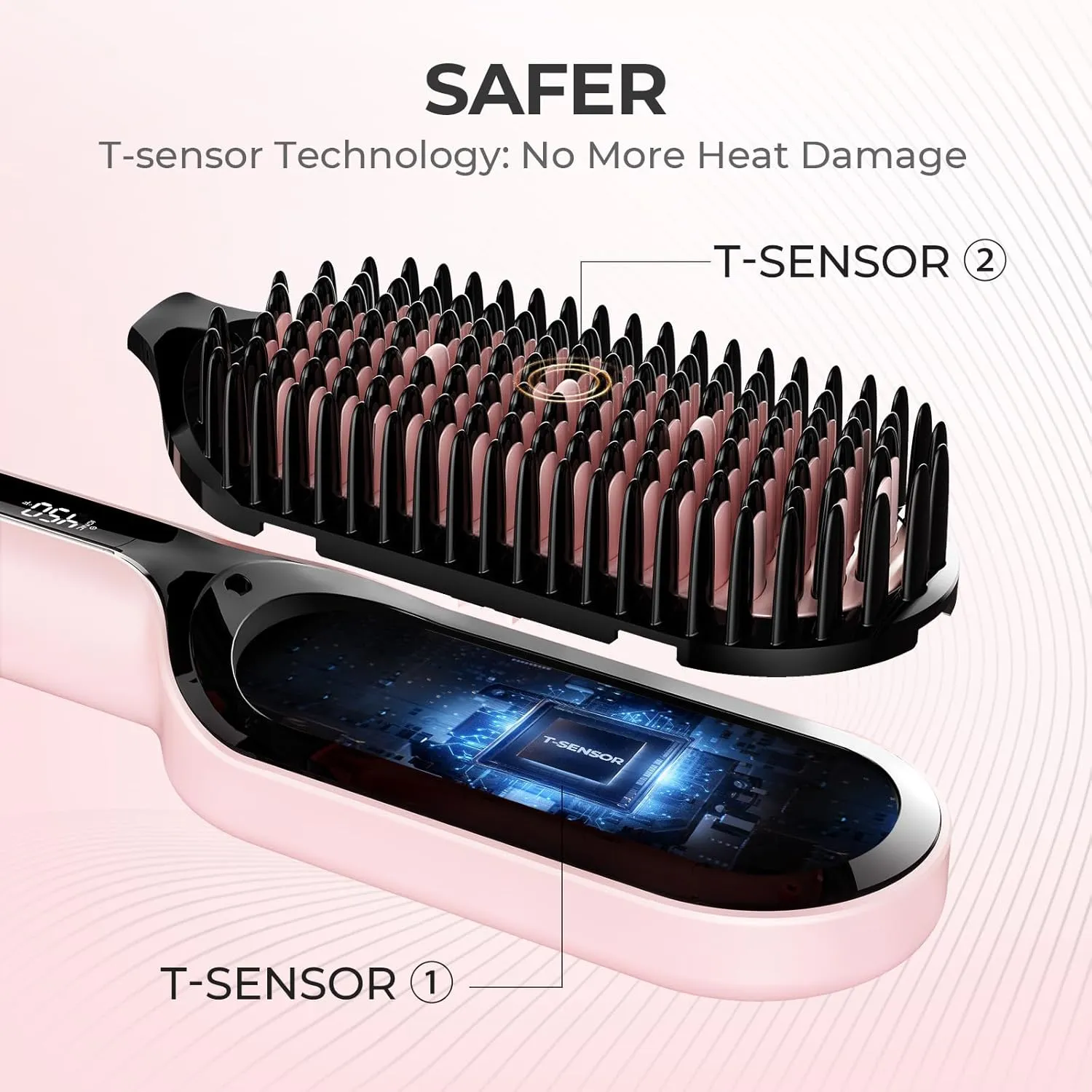 TYMO Hair Straightener Brush - Upgraded Ionic Plus Straightening Brush with Dense Bristles, 16 Temps, Dual Voltage | Ceramic Hot Comb for Women | Flat Iron for Thick Curly Hair, Pink