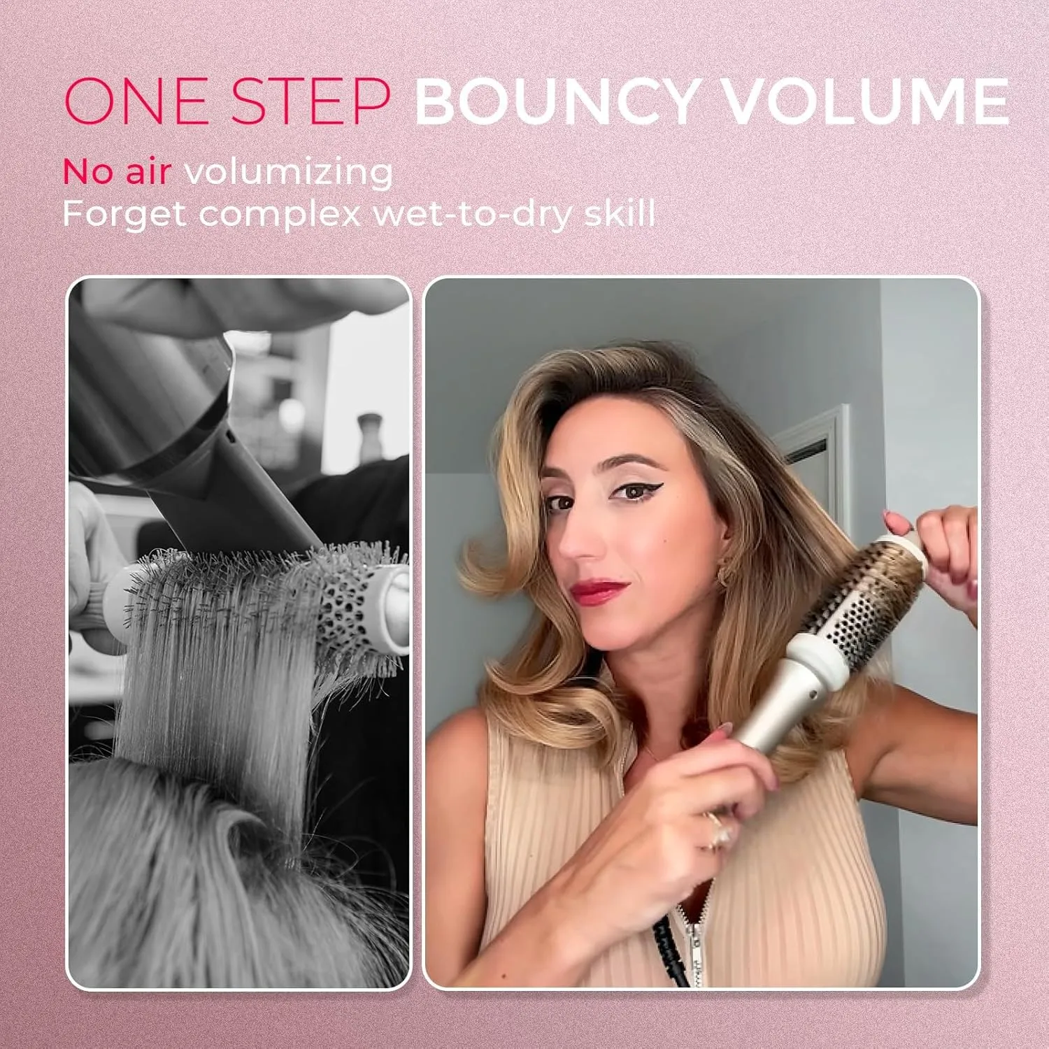 TYMO Thermal Brush Heated Round Brush - STYLUX Blowout Volumizer with Flexi-Fit Tech for Hair Straightening, Curling Styler Tool, Hair Straightener and Curler 2 in 1, Dual Voltage, Quick & Easy, Gold