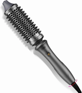 TYMO Thermal Brush Curling Brush - STYLUX 1.7 Inch Blowout Volumizer with Flexi-Fit for Hair Straightening, Heated Round Styler Tool, Hair Straightener and Curler 2 in 1, Dual Voltage, Metallic Gray