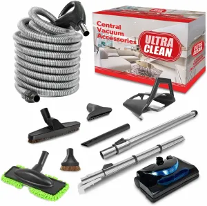 Ultra Clean Central Vacuum Electric Accessory Kit with Universal Powerhead – Hose and Deluxe Attachments (35 ft, Direct Connect, Black)