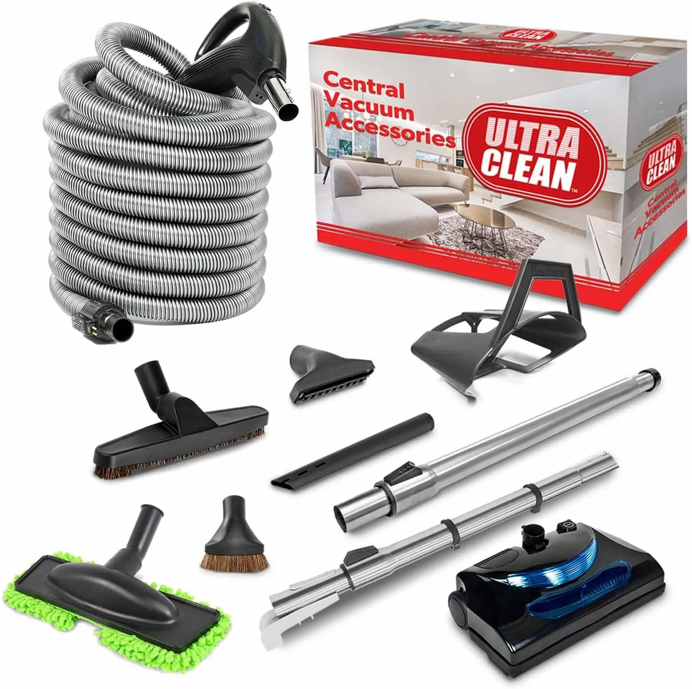 Ultra Clean Central Vacuum Electric Accessory Kit with Universal Powerhead – Hose and Deluxe Attachments (35 ft, Direct Connect, Black)