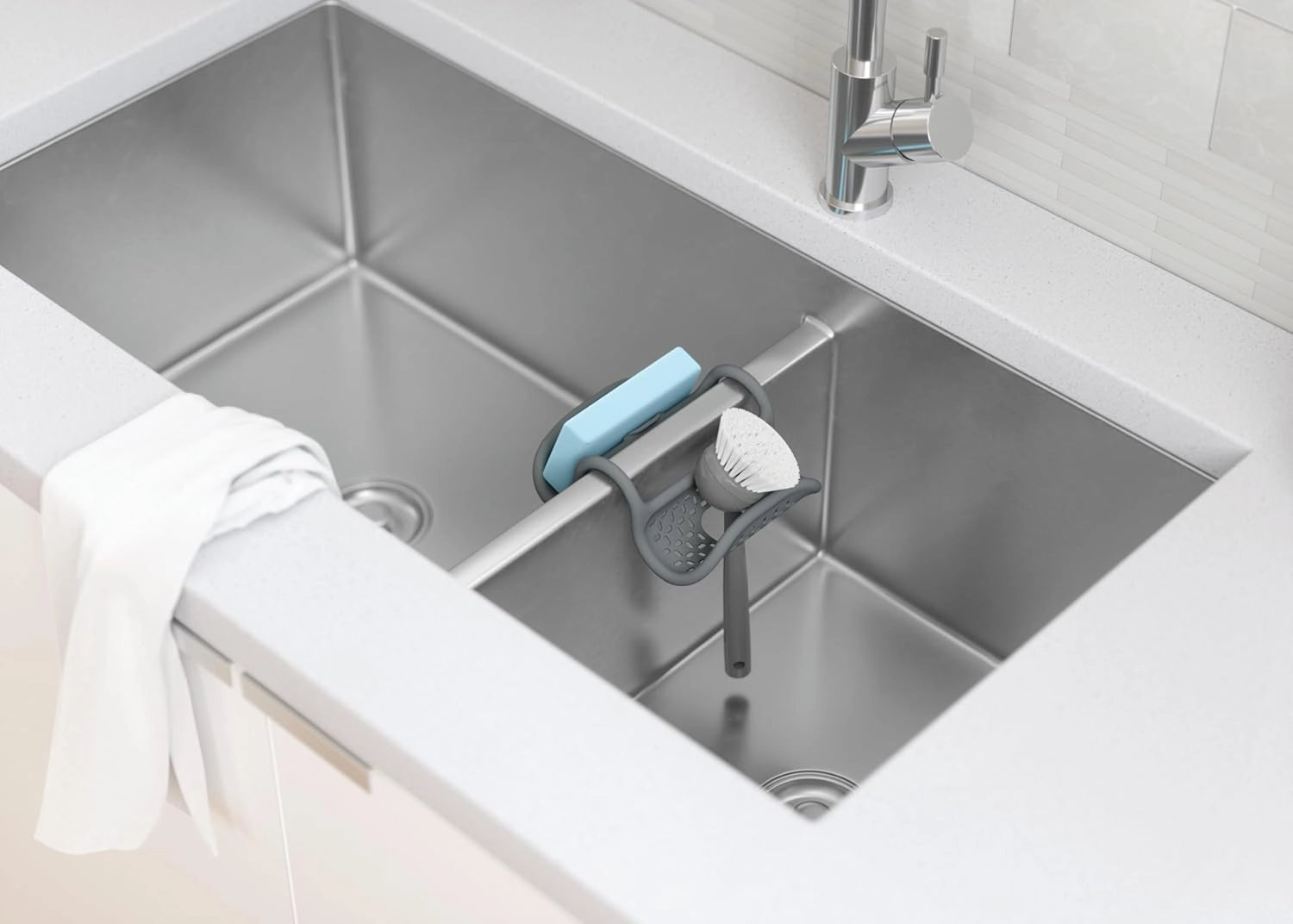 UMBRA Sling Kitchen Sink Caddy Sponge Holder, Hangs Over Edge or Divider, Double, Grey