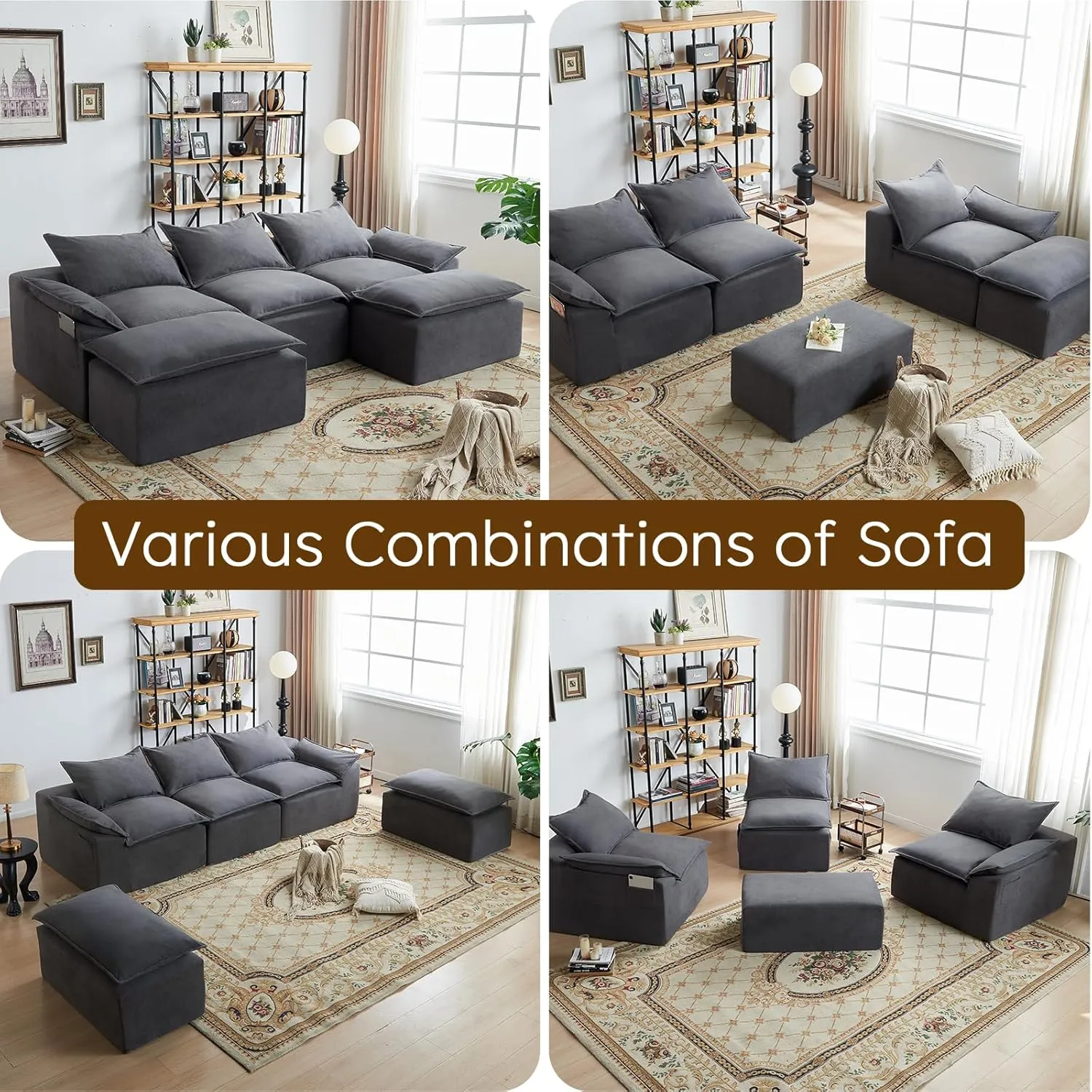 Vamcheer U Shaped Cloud Couch, Utra Soft Sectional Couch with 2 Movable Ottoman, Deep Seat Modular Sofa for Living Room, Bedroom, Office, No Assembly Required, Grey