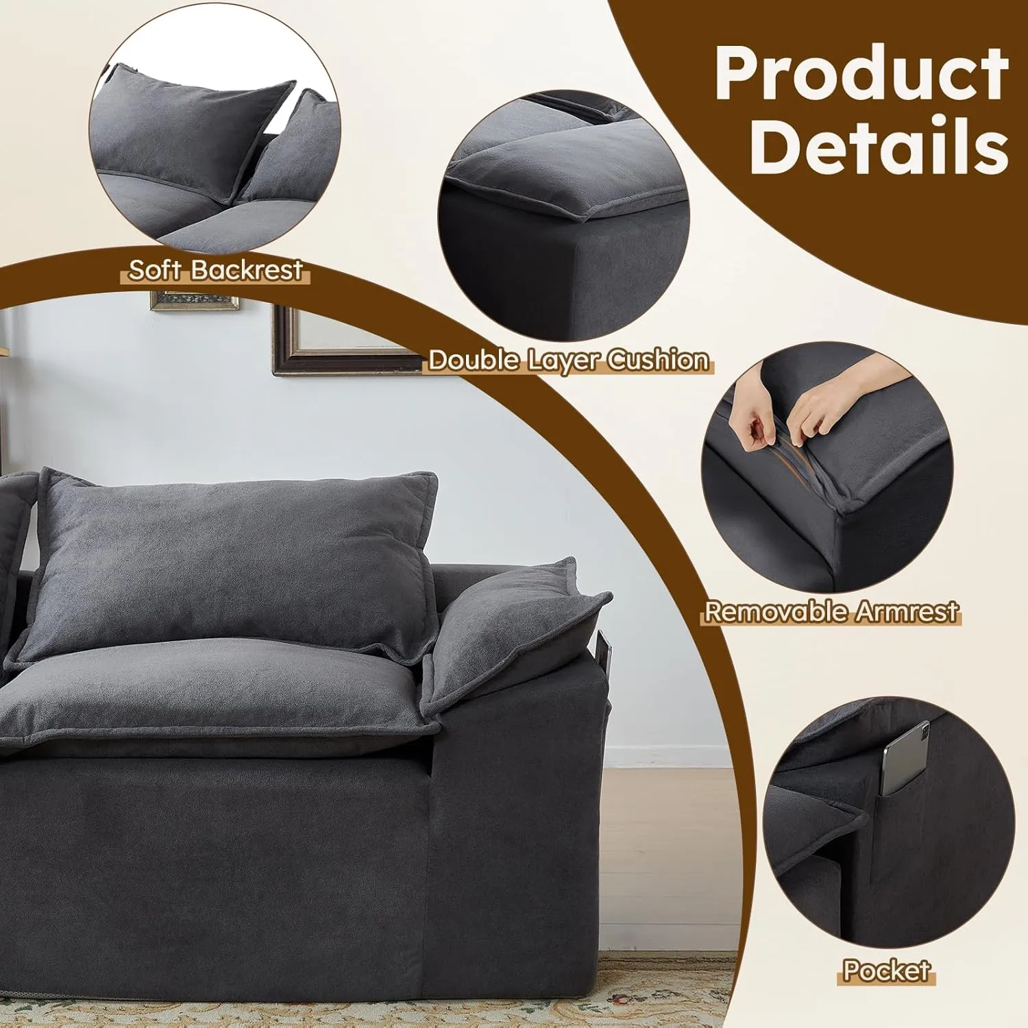 Vamcheer U Shaped Cloud Couch, Utra Soft Sectional Couch with 2 Movable Ottoman, Deep Seat Modular Sofa for Living Room, Bedroom, Office, No Assembly Required, Grey