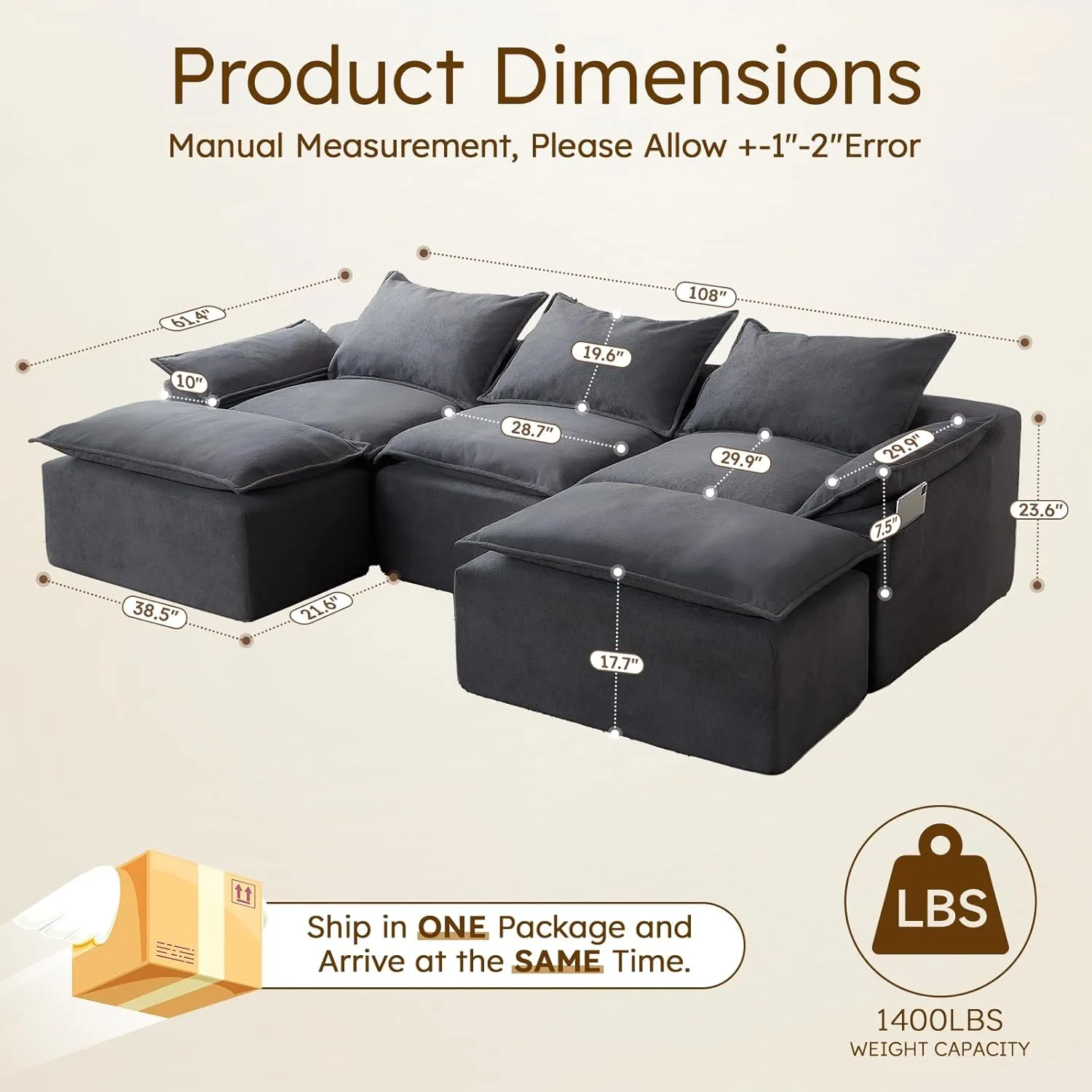 Vamcheer U Shaped Cloud Couch, Utra Soft Sectional Couch with 2 Movable Ottoman, Deep Seat Modular Sofa for Living Room, Bedroom, Office, No Assembly Required, Grey