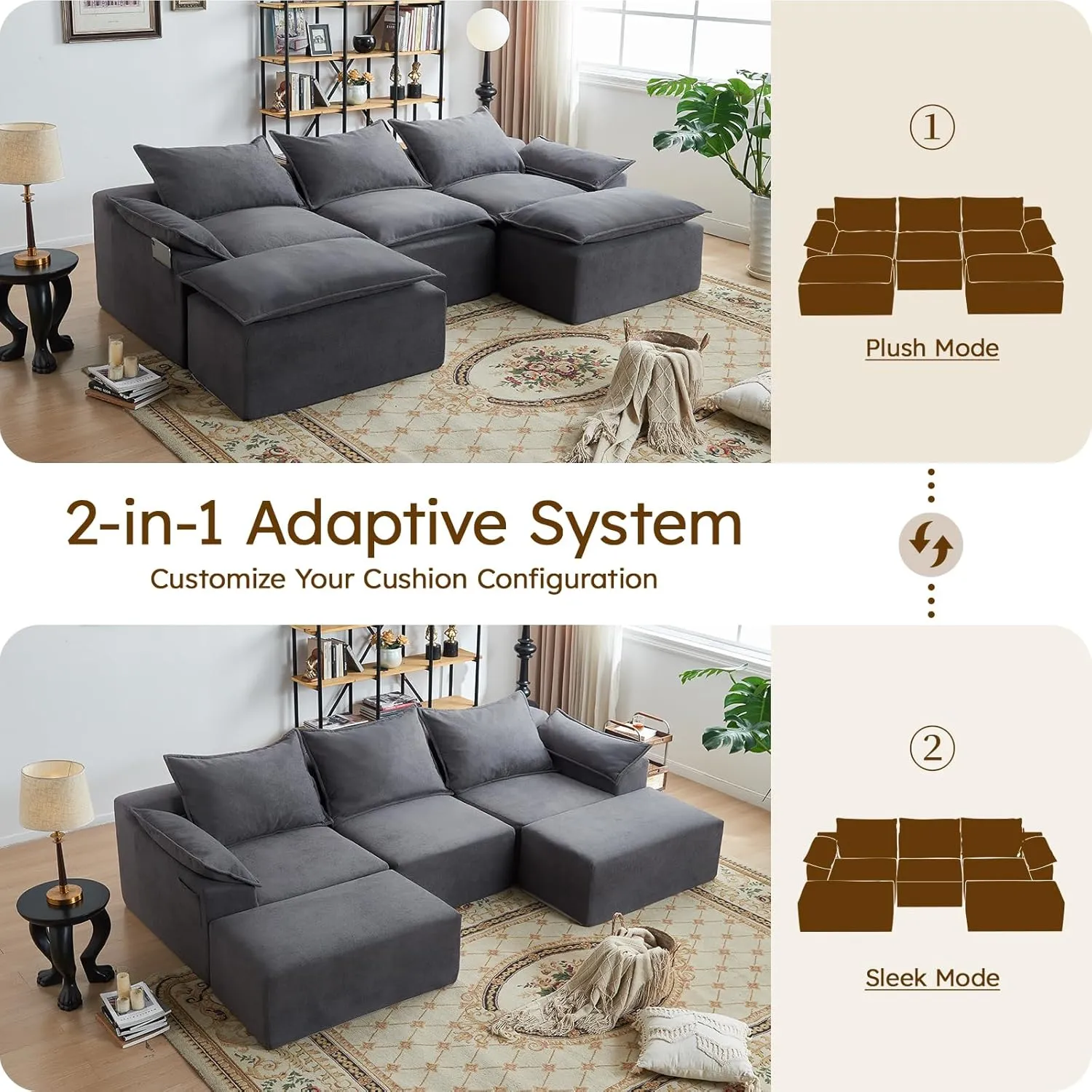 Vamcheer U Shaped Cloud Couch, Utra Soft Sectional Couch with 2 Movable Ottoman, Deep Seat Modular Sofa for Living Room, Bedroom, Office, No Assembly Required, Grey