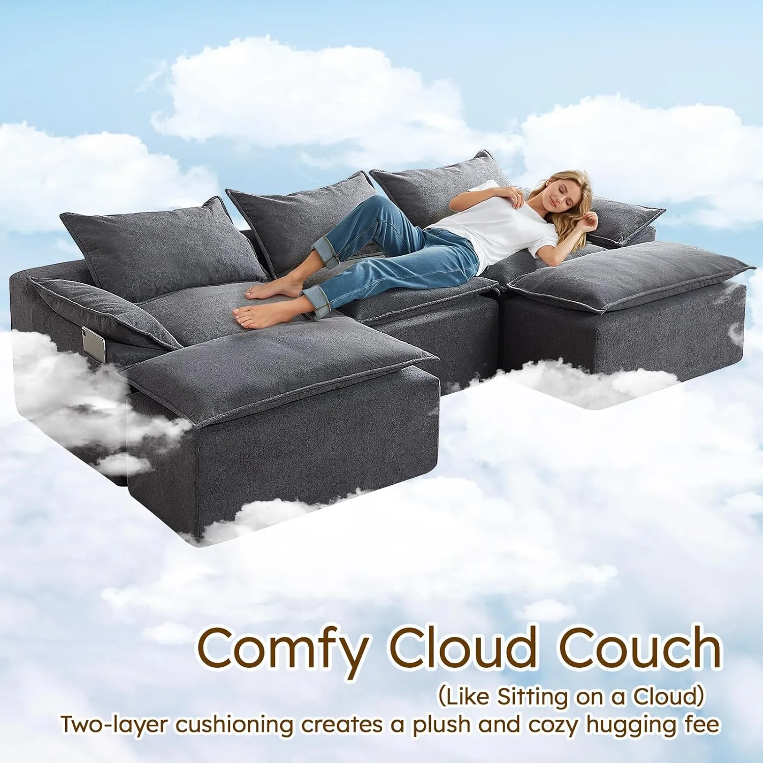 Vamcheer U Shaped Cloud Couch, Utra Soft Sectional Couch with 2 Movable Ottoman, Deep Seat Modular Sofa for Living Room, Bedroom, Office, No Assembly Required, Grey