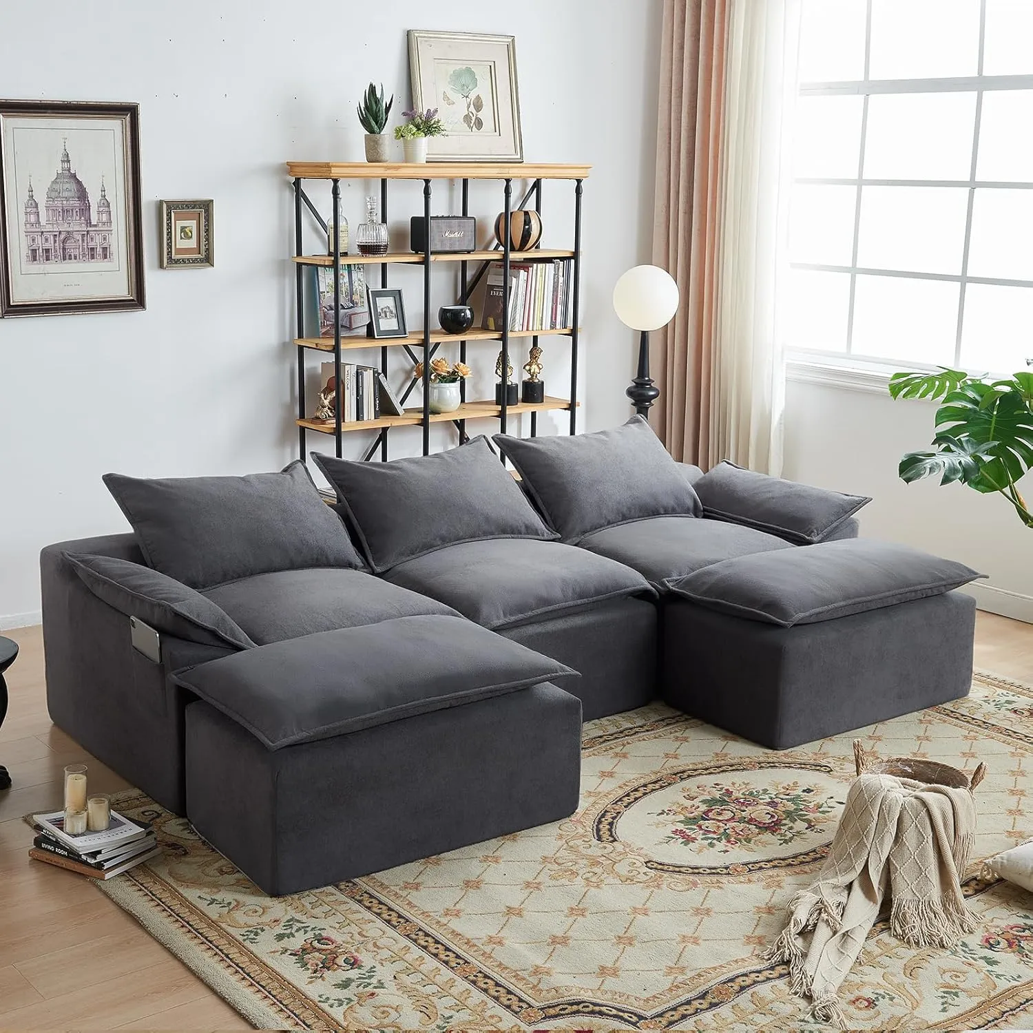 Vamcheer U Shaped Cloud Couch, Utra Soft Sectional Couch with 2 Movable Ottoman, Deep Seat Modular Sofa for Living Room, Bedroom, Office, No Assembly Required, Grey