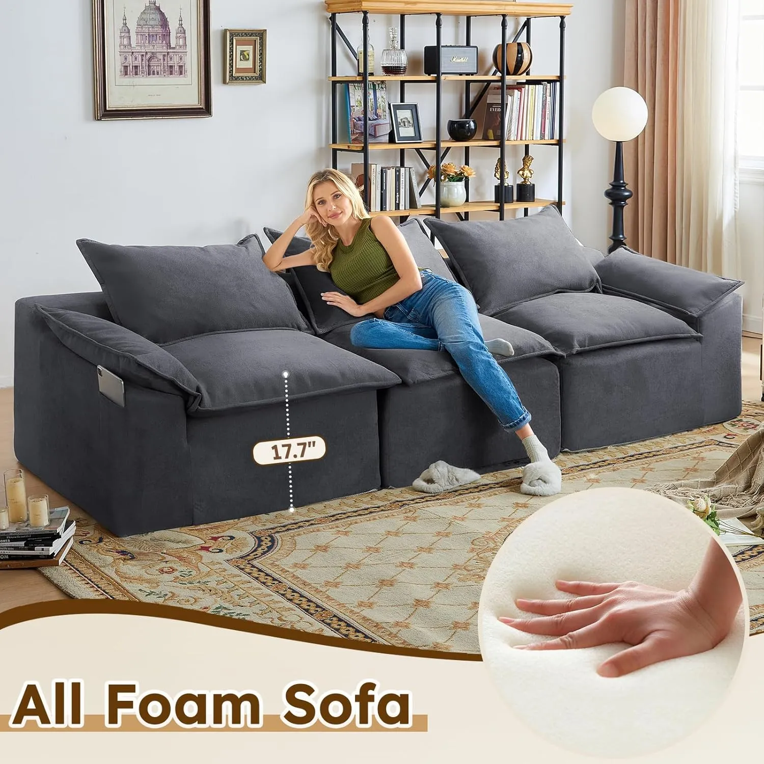 Vamcheer U Shaped Cloud Couch, Utra Soft Sectional Couch with 2 Movable Ottoman, Deep Seat Modular Sofa for Living Room, Bedroom, Office, No Assembly Required, Grey