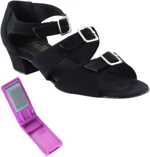 Very Fine Dance Shoes - Ladies Practice, Cuban Low Heel Ballroom Dance Shoes - 1679-1.5-inch Heel and Foldable Brush Bundle - Black Nubuck - 7.5