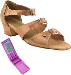 Very Fine Dance Shoes - Ladies Practice, Cuban Low Heel Ballroom Dance Shoes - 1679-1.5-inch Heel and Foldable Brush Bundle - Brown Satin - 6.5