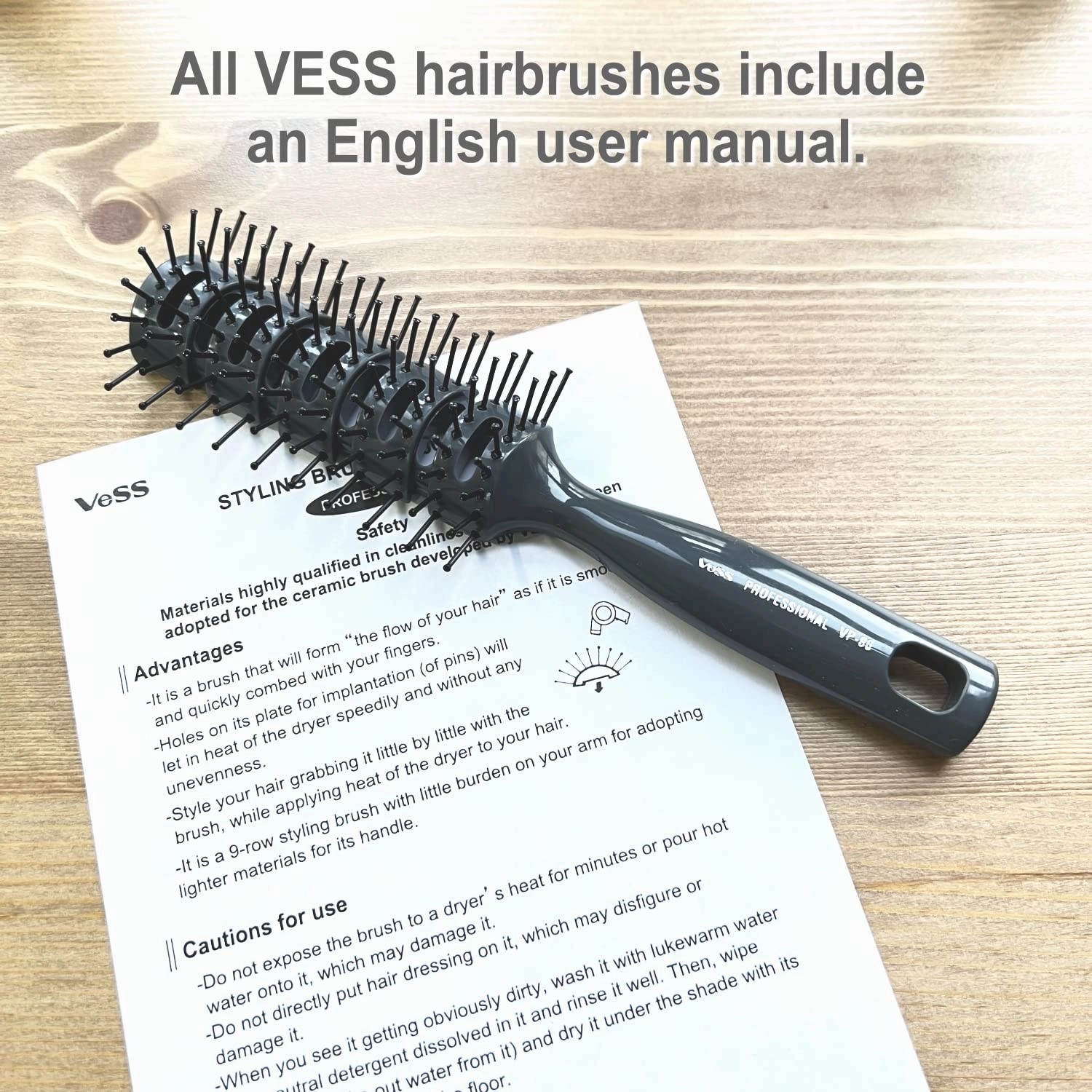 VESS Styling Ceramic Hair Brush 9-row Round Type, for Bow and Styling Made in Japan (VP-80 Gray)