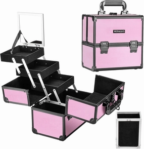 VETALLO Large Makeup Case with Brushes Holder, Portable Makeup Cases Organizer with Mirror Makeup Box Organizer Makeup Cases Organizer Make Up Box Birthday Gifts for Her Women Bestie I Pink