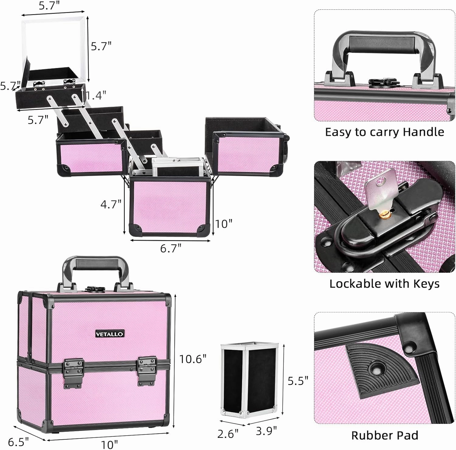 VETALLO Large Makeup Case with Brushes Holder, Portable Makeup Cases Organizer with Mirror Makeup Box Organizer Makeup Cases Organizer Make Up Box Birthday Gifts for Her Women Bestie I Pink