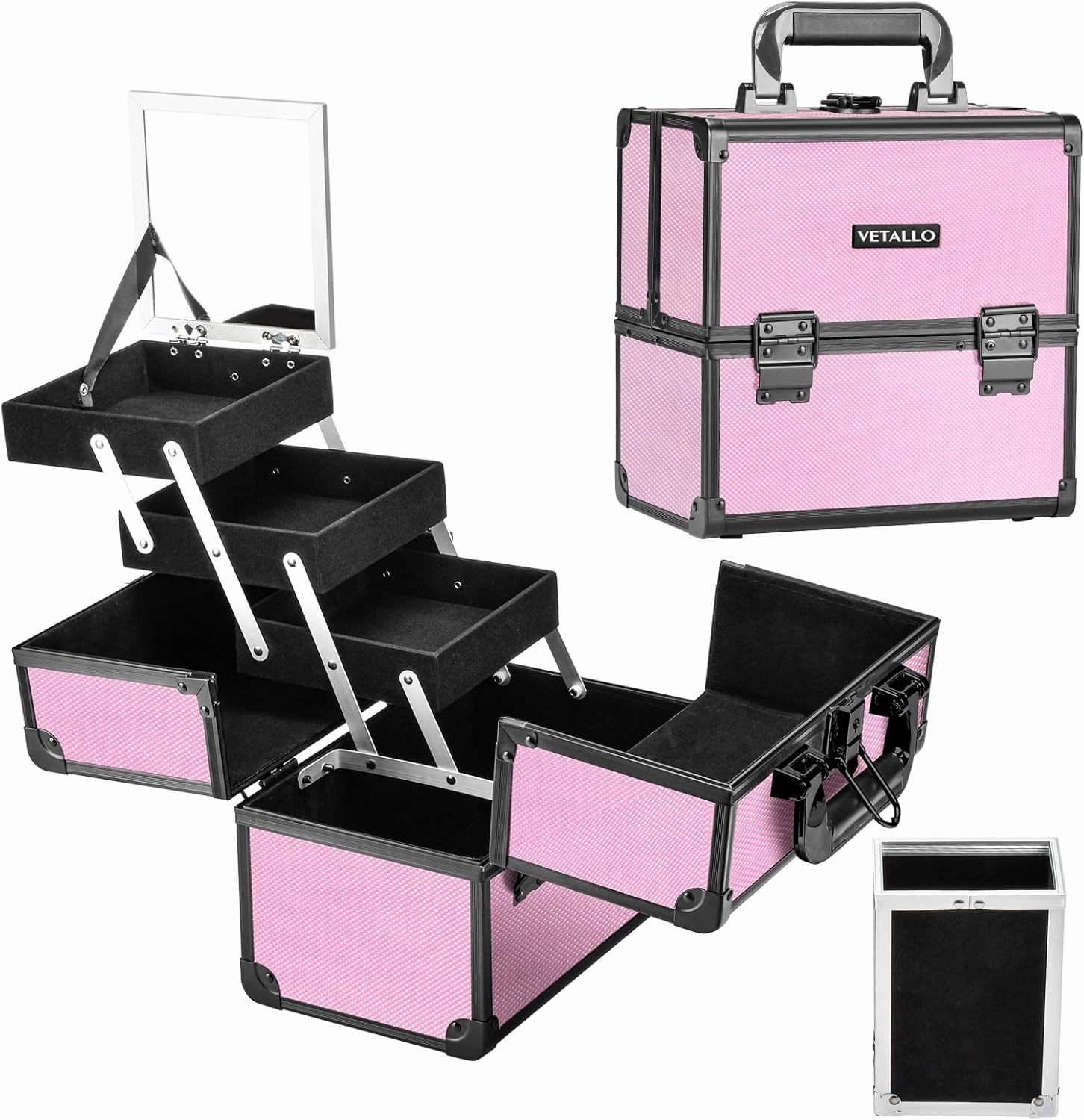VETALLO Large Makeup Case with Brushes Holder, Portable Makeup Cases Organizer with Mirror Makeup Box Organizer Makeup Cases Organizer Make Up Box Birthday Gifts for Her Women Bestie I Pink