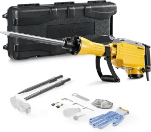 VEVOR Demolition Jack Hammer, 2200W Electric Jackhammer Heavy Duty, 1350 BPM Jack Hammer Concrete Breaker, with 1 Point Chisel, 1 Flat Chisel, Storage Case, Gloves and Goggles, for Demolition