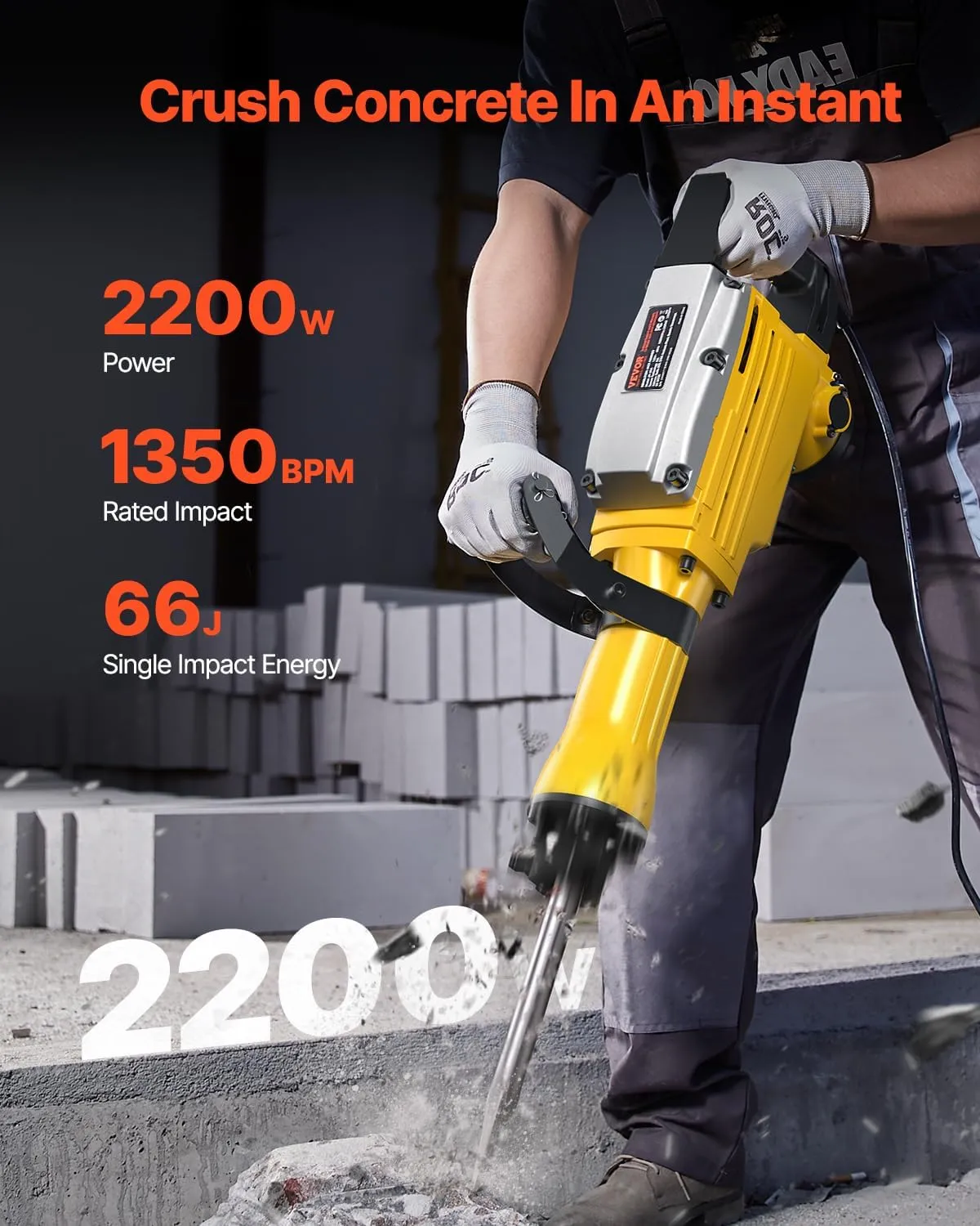 VEVOR Demolition Jack Hammer, 2200W Electric Jackhammer Heavy Duty, 1350 BPM Jack Hammer Concrete Breaker, with 1 Point Chisel, 1 Flat Chisel, Storage Case, Gloves and Goggles, for Demolition
