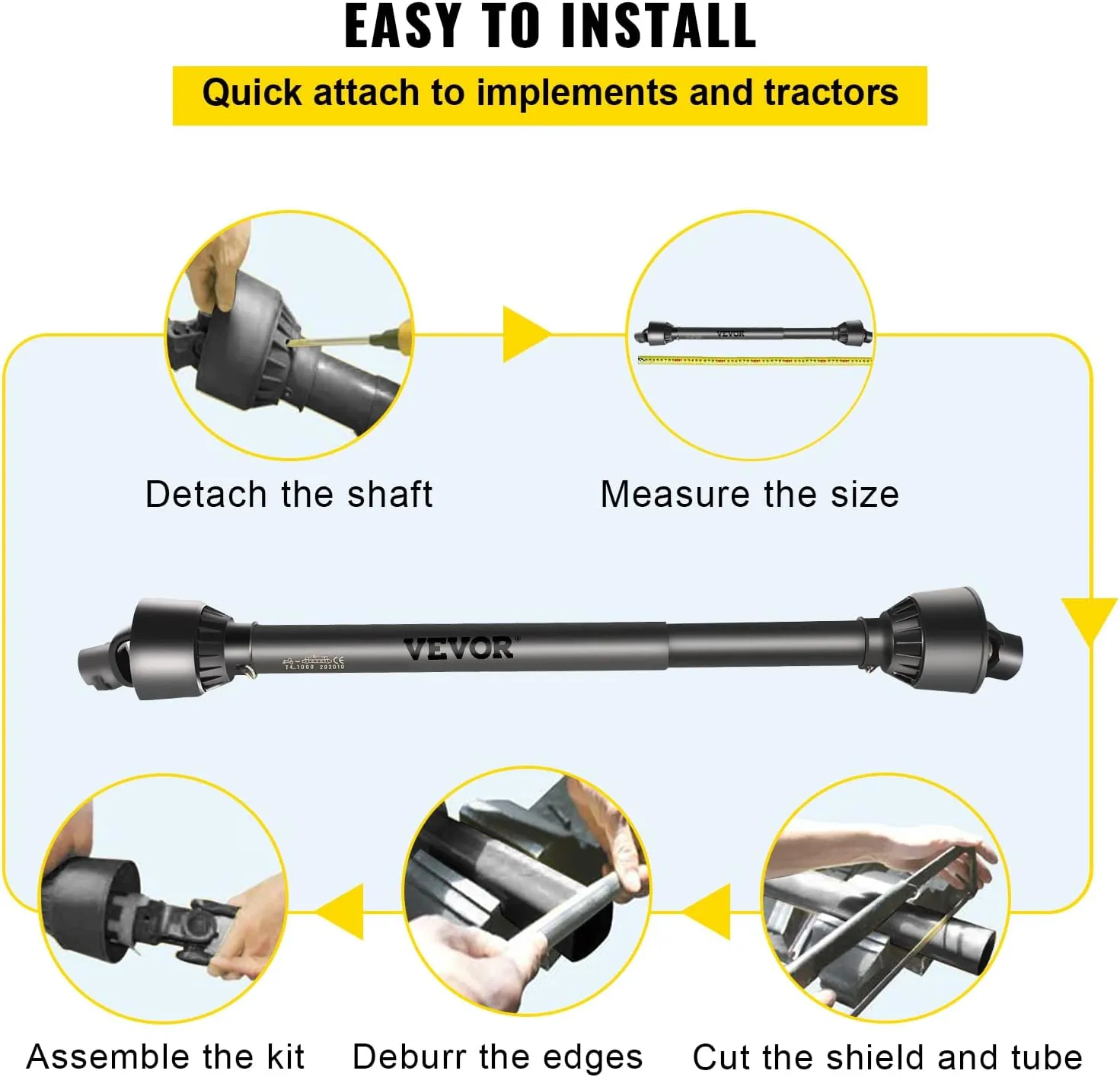 VEVOR PTO Shaft 1 3/8" PTO Drive Shaft, 6 Spline End Round End PTO Driveline Shaft, Series 4 Tractor PTO Shaft, 39"-55" Brush Hog PTO Shaft, Black PTO Shaft for Bush Hog/Finish Mower/Rotary Cutter