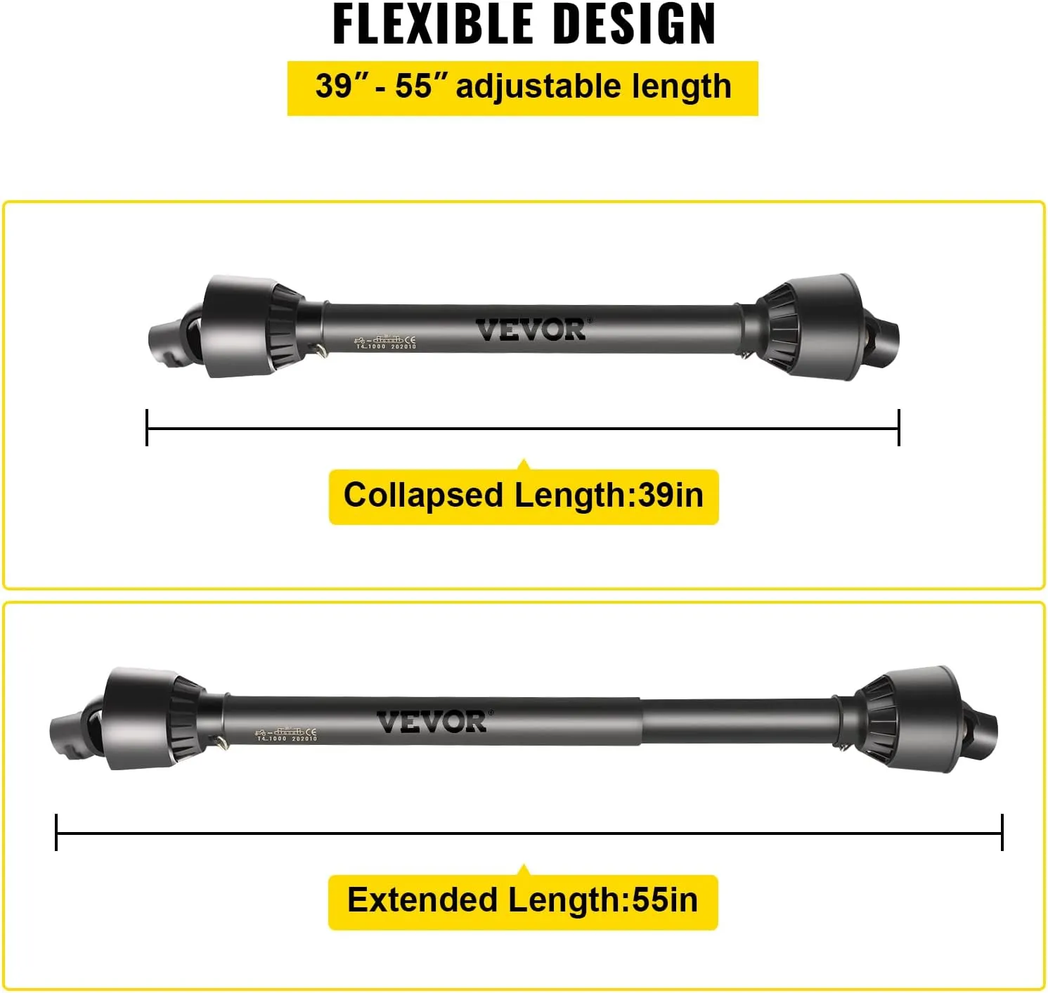 VEVOR PTO Shaft 1 3/8" PTO Drive Shaft, 6 Spline End Round End PTO Driveline Shaft, Series 4 Tractor PTO Shaft, 39"-55" Brush Hog PTO Shaft, Black PTO Shaft for Bush Hog/Finish Mower/Rotary Cutter