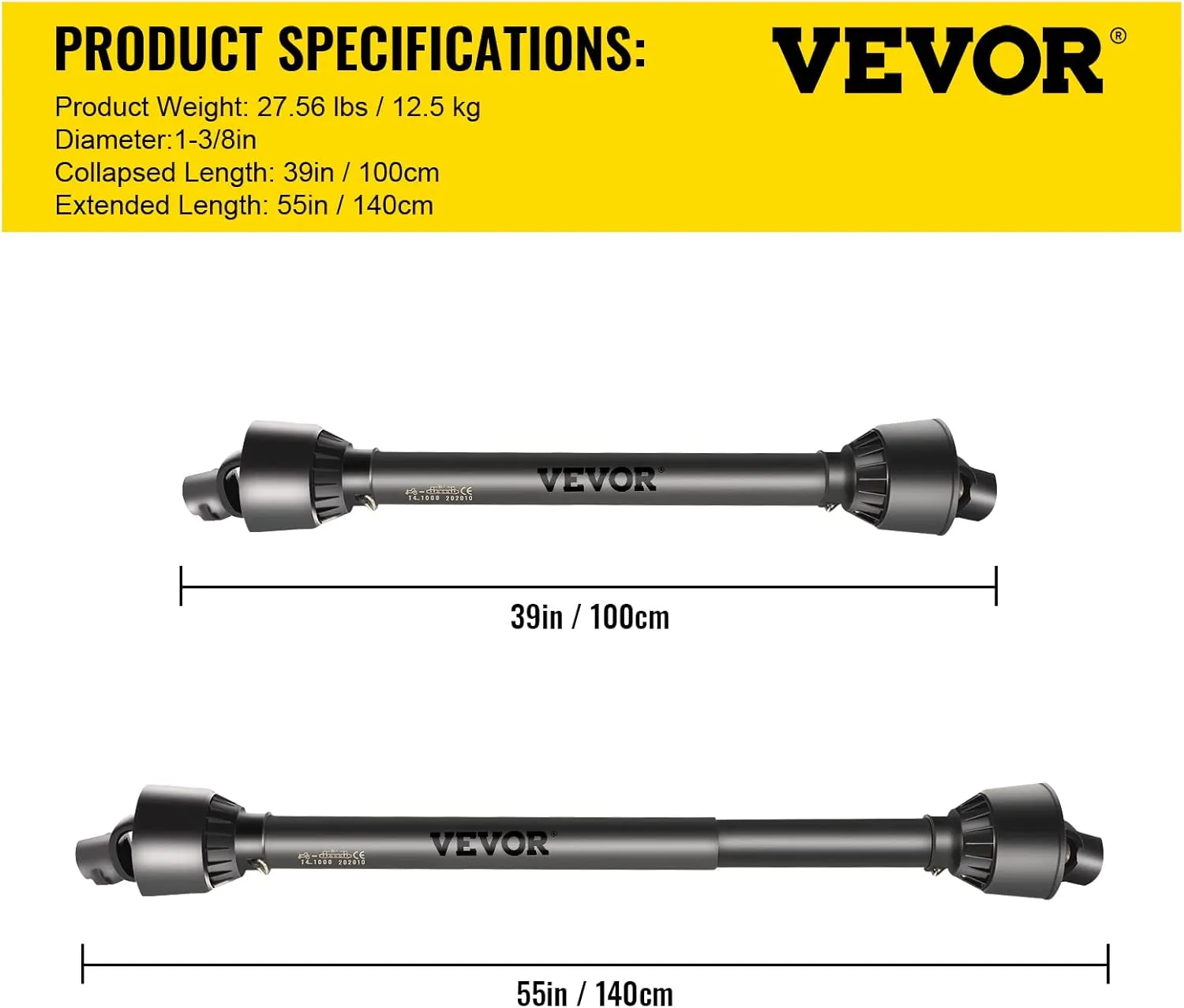 VEVOR PTO Shaft 1 3/8" PTO Drive Shaft, 6 Spline End Round End PTO Driveline Shaft, Series 4 Tractor PTO Shaft, 39"-55" Brush Hog PTO Shaft, Black PTO Shaft for Bush Hog/Finish Mower/Rotary Cutter