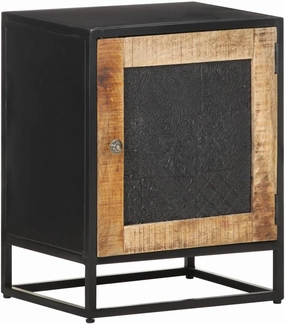 vidaXL Bohemian Bedside Cabinet - Iron Frame, Natural Finish Rough Mango Wood, Unique Hand Carved Pattern, Sturdy Nightstand/Side Table - 15.7"x11.8"x19.7" Dimensions
