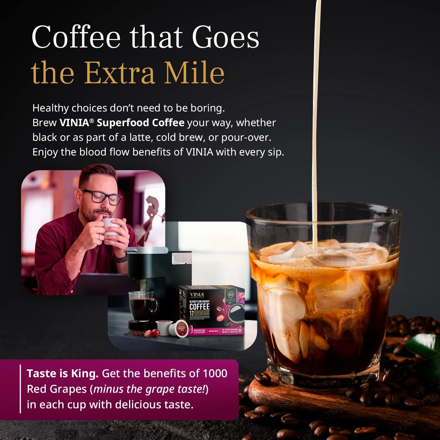 VINIA Blood Flow Energy Coffee Pods - Medium Roast Infused with Red Grape Piceid Resveratrol for Physical Energy & Mental Alertness, Keurig Compatible K Cups Superfood Coffee, Full-Bodied, 30 Ct
