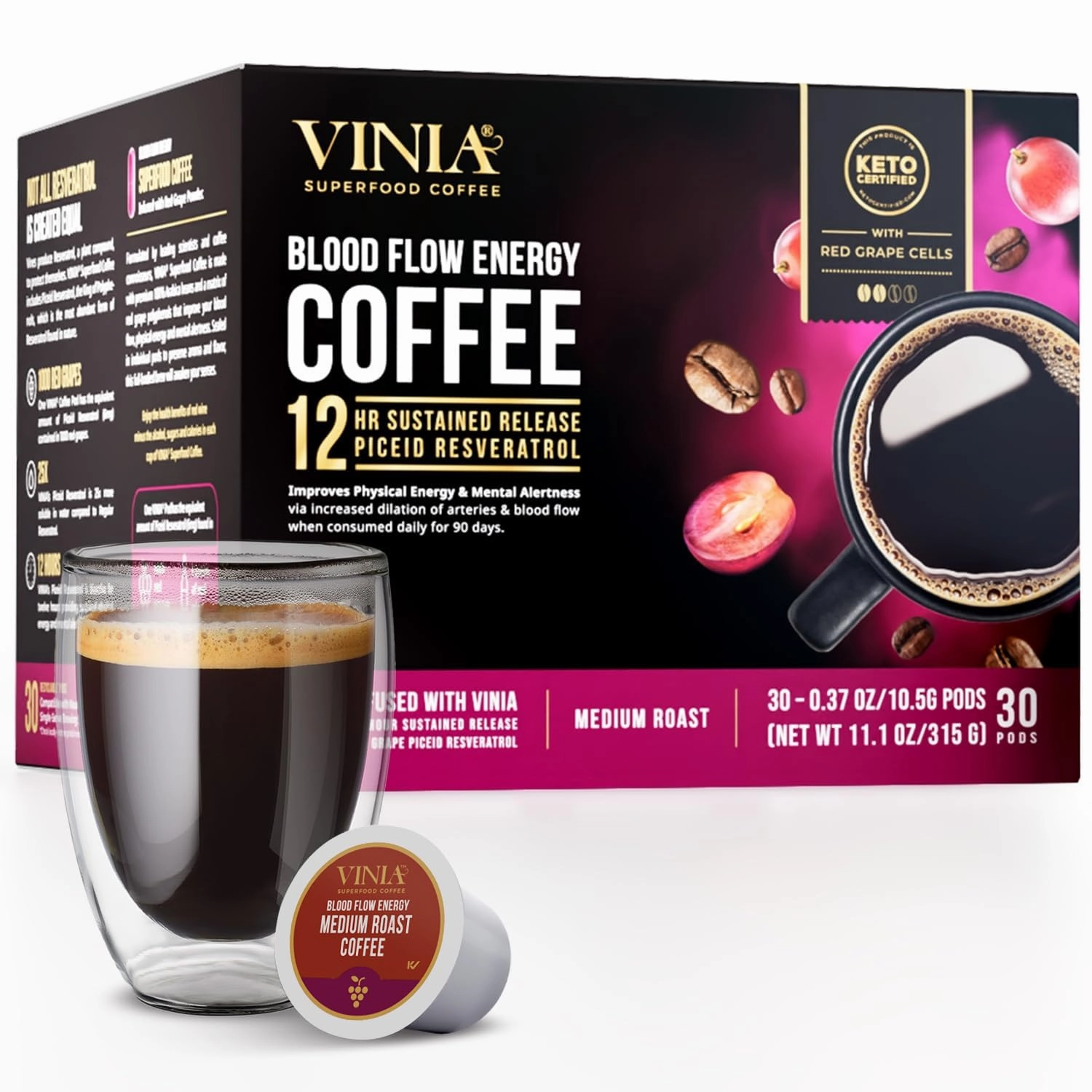 VINIA Blood Flow Energy Coffee Pods - Medium Roast Infused with Red Grape Piceid Resveratrol for Physical Energy & Mental Alertness, Keurig Compatible K Cups Superfood Coffee, Full-Bodied, 30 Ct