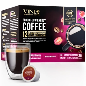 VINIA Blood Flow Energy Coffee Pods - Medium Roast Infused with Red Grape Piceid Resveratrol for Physical Energy & Mental Alertness, Keurig Compatible K Cups Superfood Coffee, Full-Bodied, 30 Ct