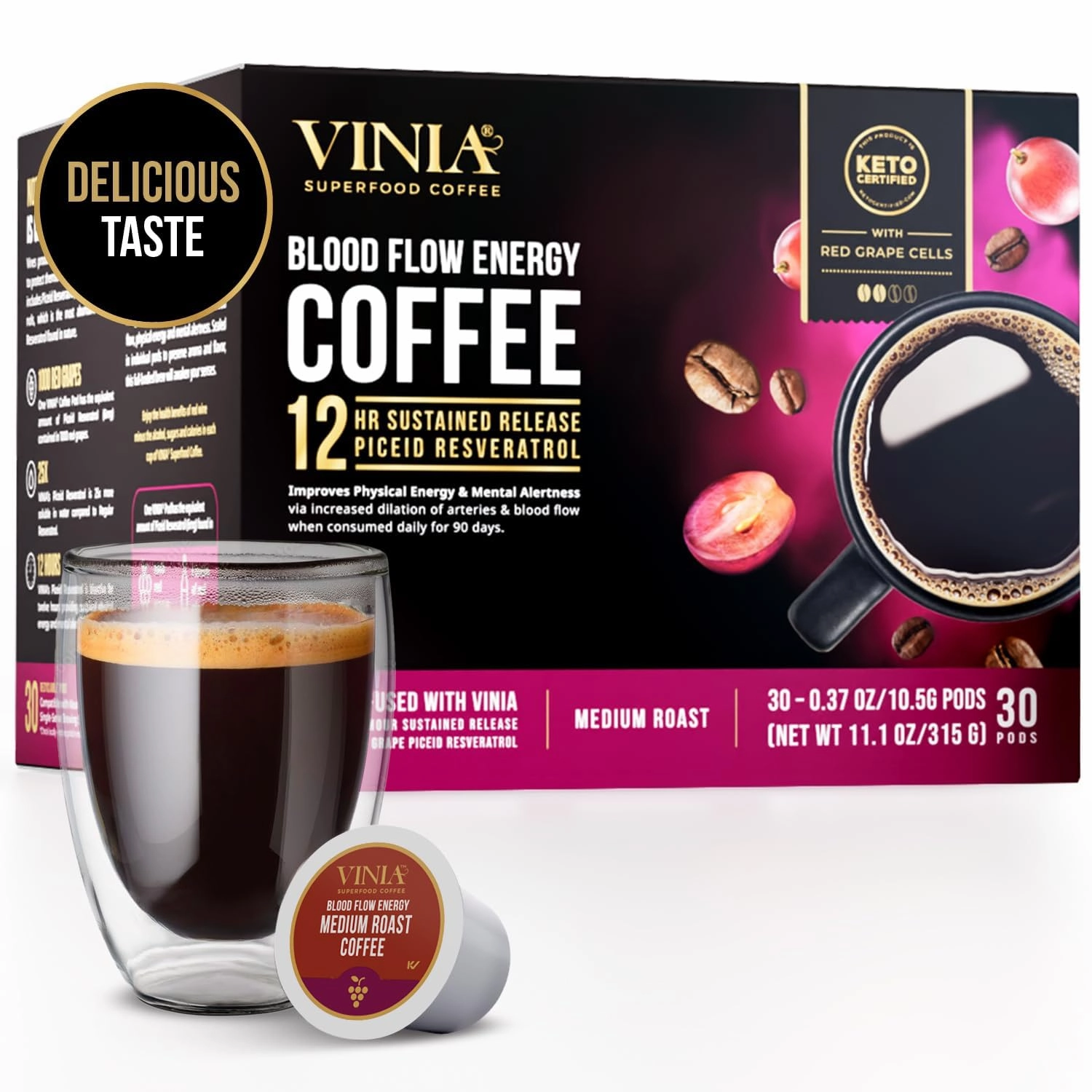 VINIA Blood Flow Energy Coffee Pods - Medium Roast Infused with Red Grape Piceid Resveratrol for Physical Energy & Mental Alertness, Keurig Compatible K Cups Superfood Coffee, Full-Bodied, 30 Ct