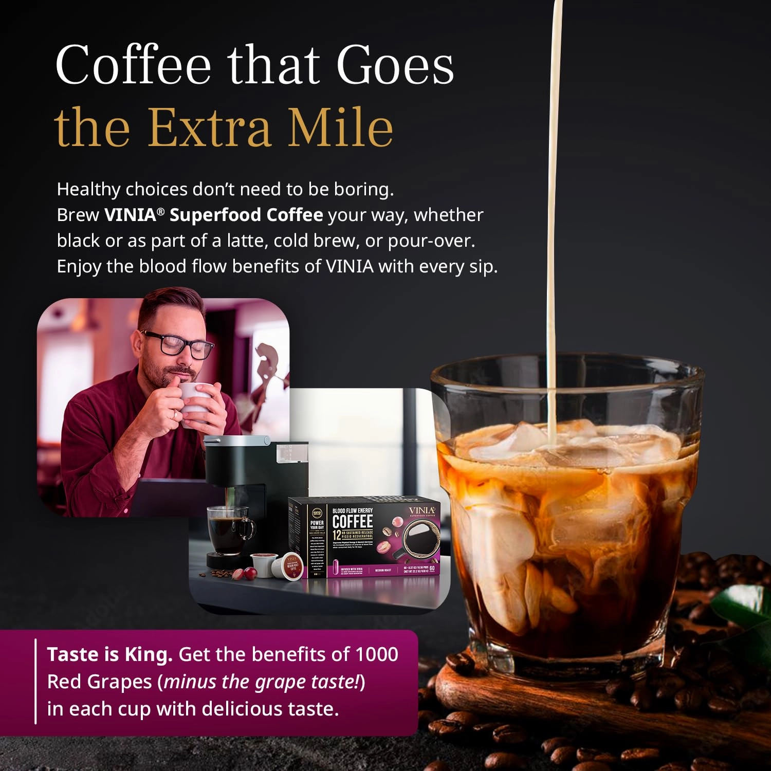 VINIA Blood Flow Energy Coffee Pods - Medium Roast Infused with Red Grape Piceid Resveratrol for Physical Energy & Mental Alertness, Keurig K-Cup Compatible Superfood Coffee, Full-Bodied, 60 Count.