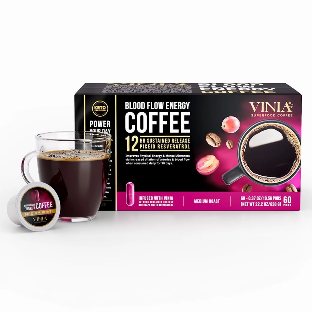 VINIA Blood Flow Energy Coffee Pods - Medium Roast Infused with Red Grape Piceid Resveratrol for Physical Energy & Mental Alertness, Keurig K-Cup Compatible Superfood Coffee, Full-Bodied, 60 Count.
