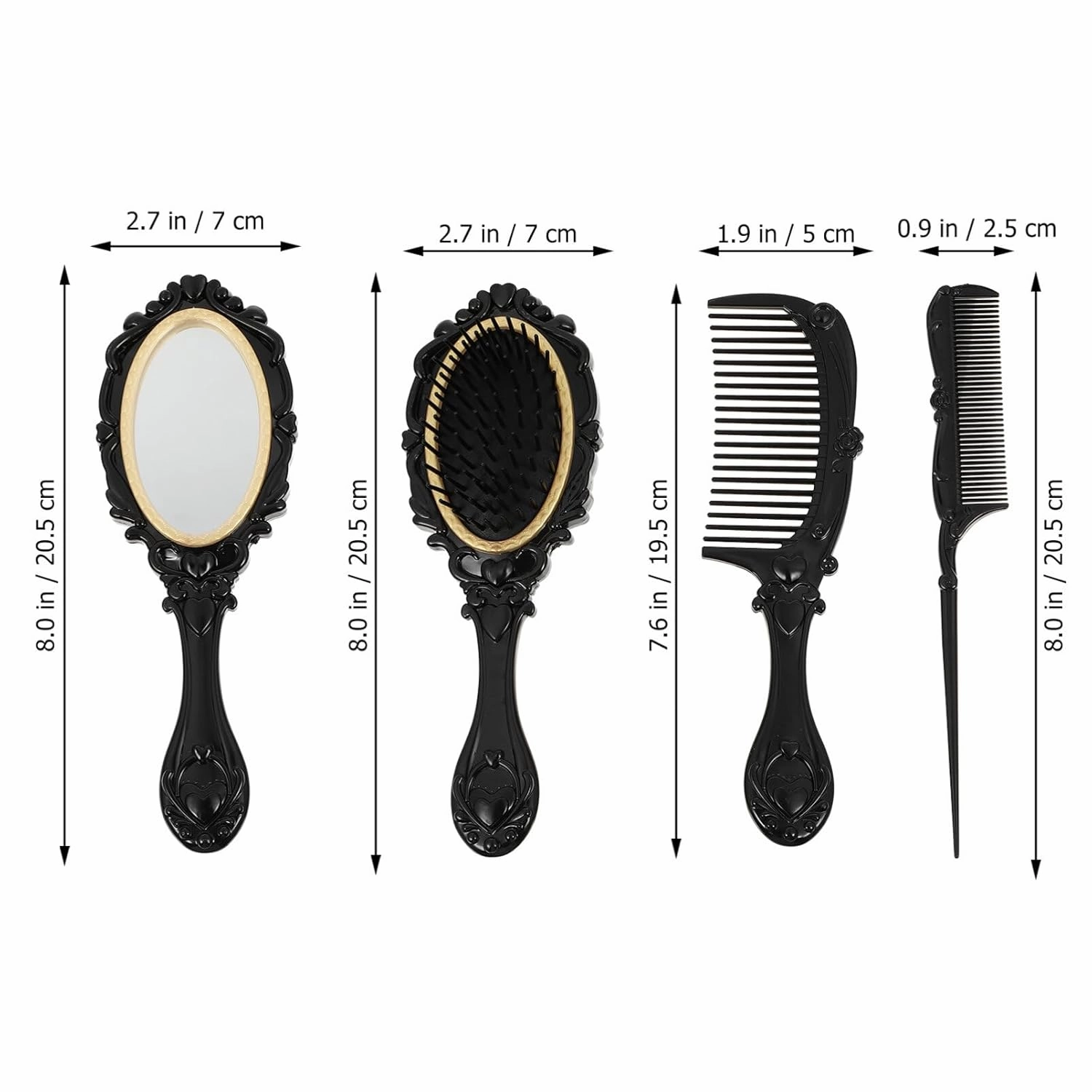 Vintage Makeup Set: Wide Tooth Comb, Round Mirror, Hair Brush with Holder, Detangling Brush, Rat Tail Comb, Hand Mirror, and Womens Wallet
