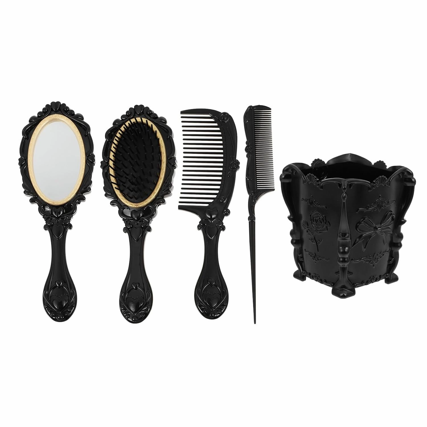 Vintage Makeup Set: Wide Tooth Comb, Round Mirror, Hair Brush with Holder, Detangling Brush, Rat Tail Comb, Hand Mirror, and Womens Wallet