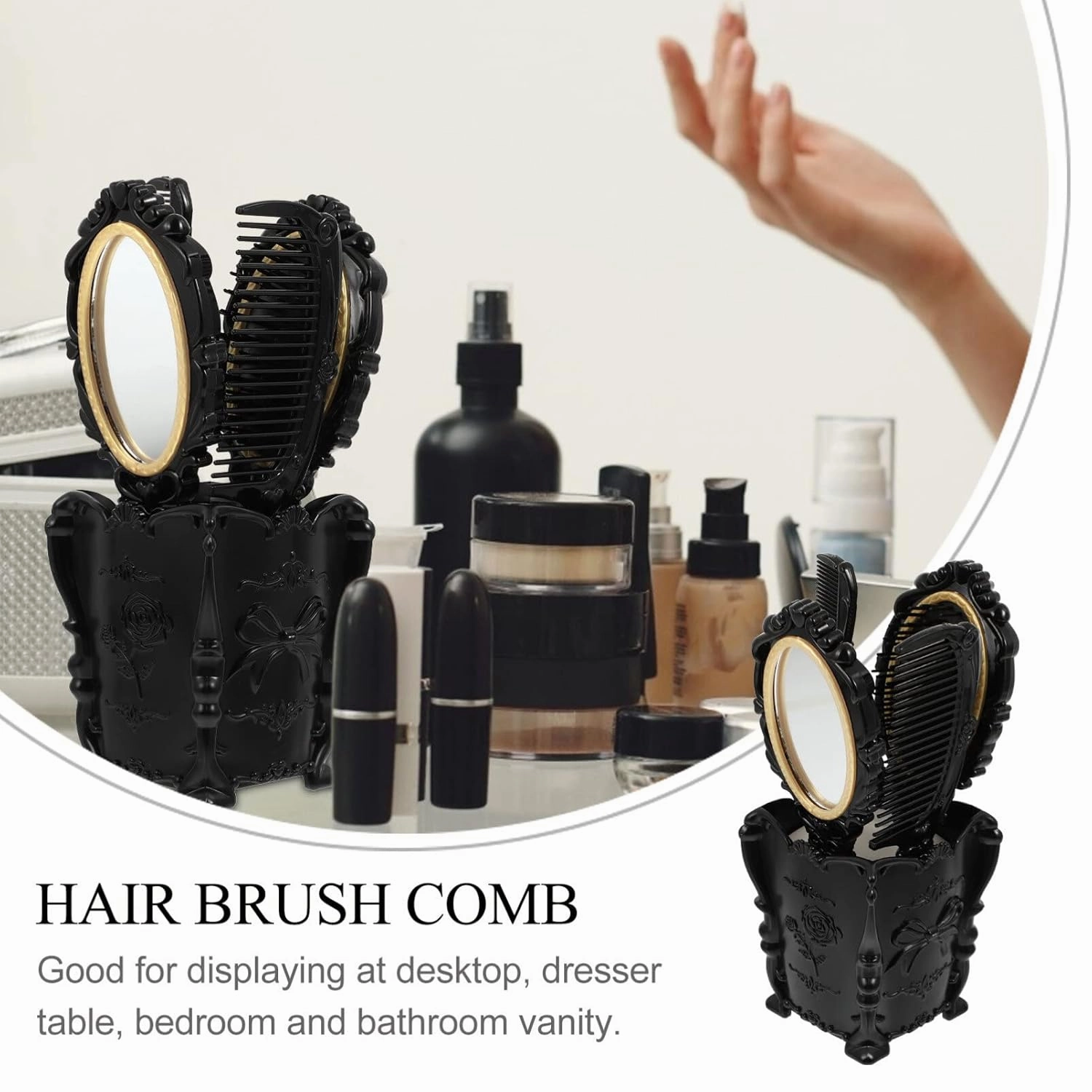 Vintage Makeup Set: Wide Tooth Comb, Round Mirror, Hair Brush with Holder, Detangling Brush, Rat Tail Comb, Hand Mirror, and Womens Wallet