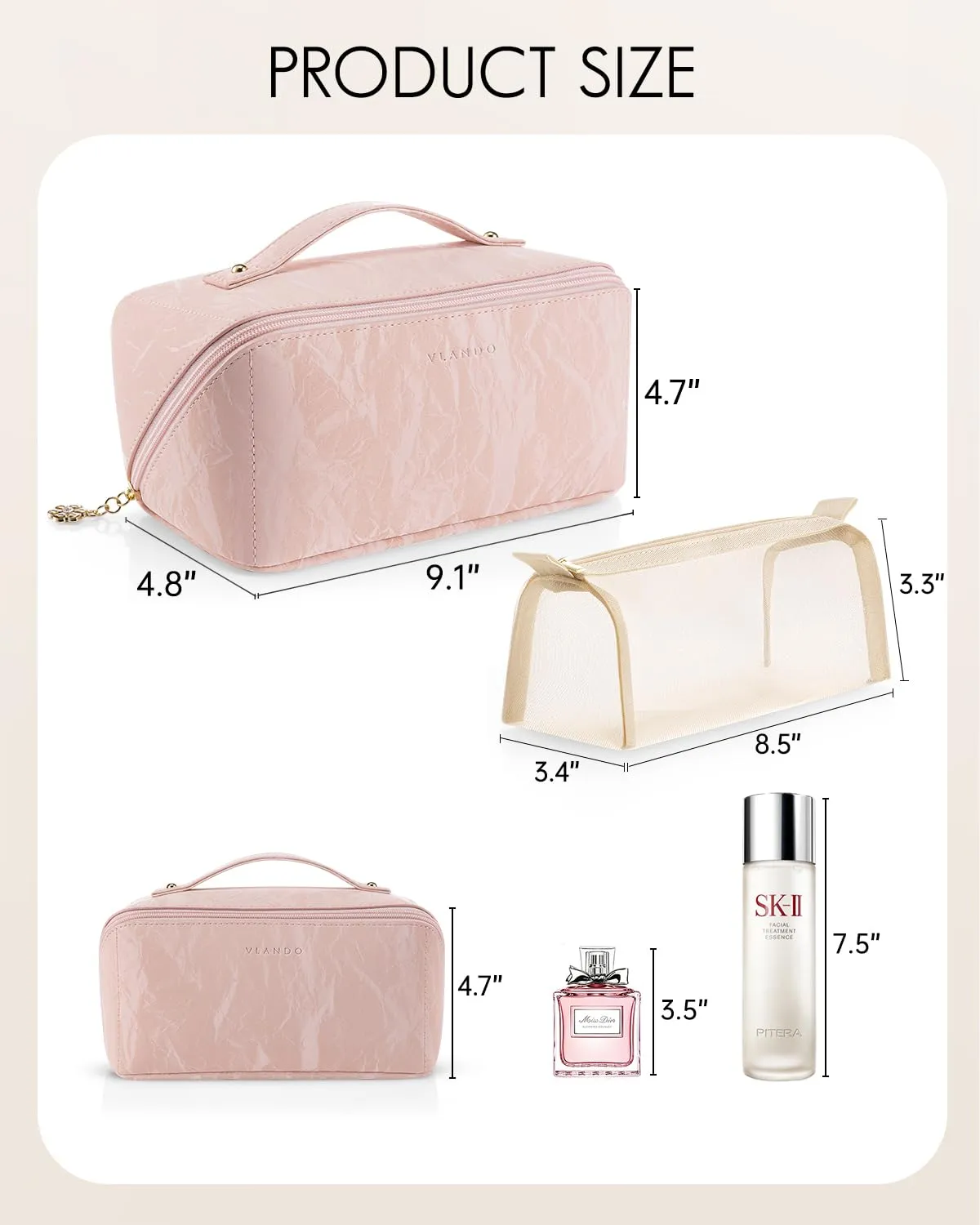 Vlando Makeup Bag,Travel Makeup Bag Waterproof Portable Cosmetic Bag PU Leather Open Flat Make up Organizer for Toiletries,Christmas Gifts Birthday Gifts for Women Girls Travelers(Sand Pink)