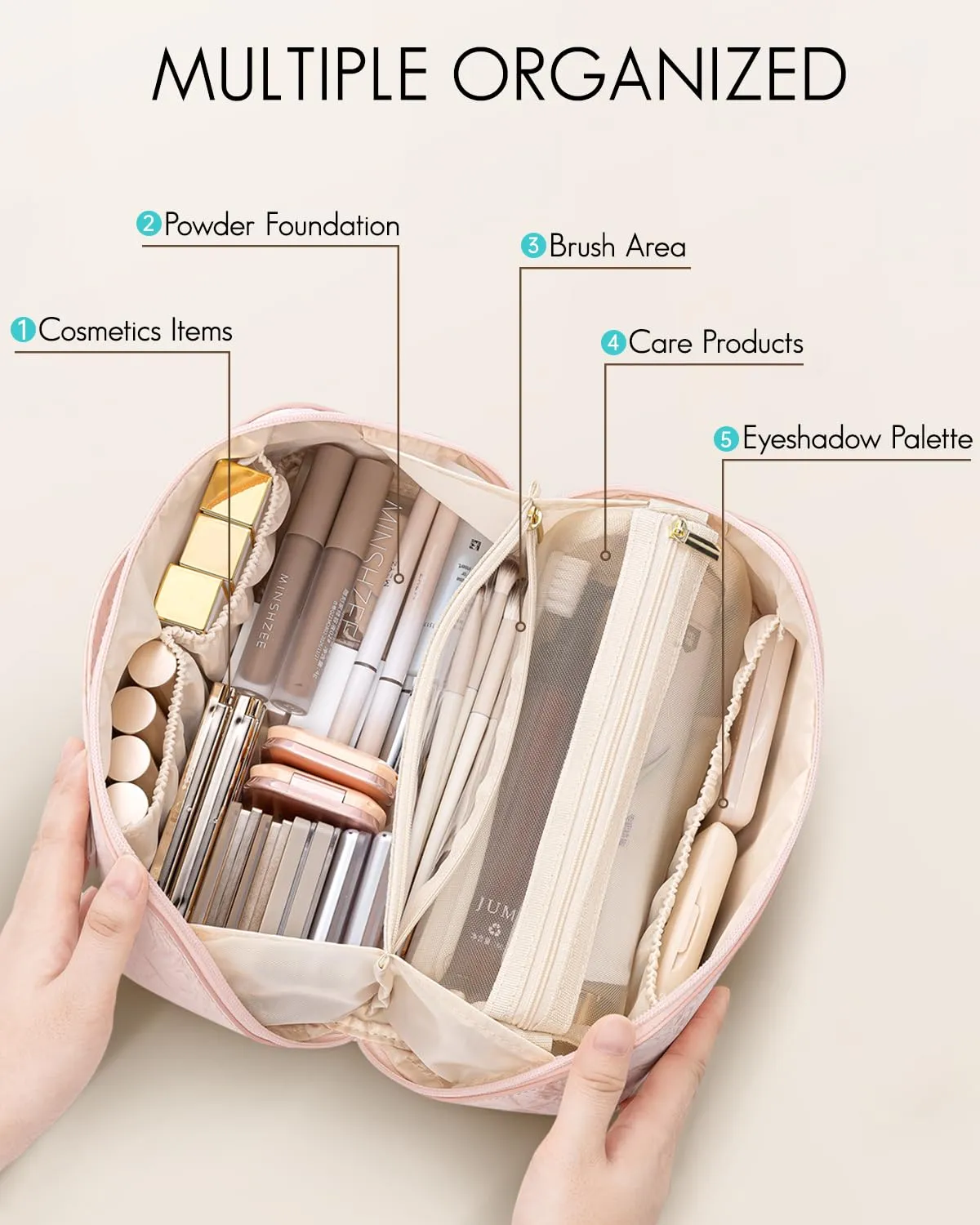 Vlando Makeup Bag,Travel Makeup Bag Waterproof Portable Cosmetic Bag PU Leather Open Flat Make up Organizer for Toiletries,Christmas Gifts Birthday Gifts for Women Girls Travelers(Sand Pink)