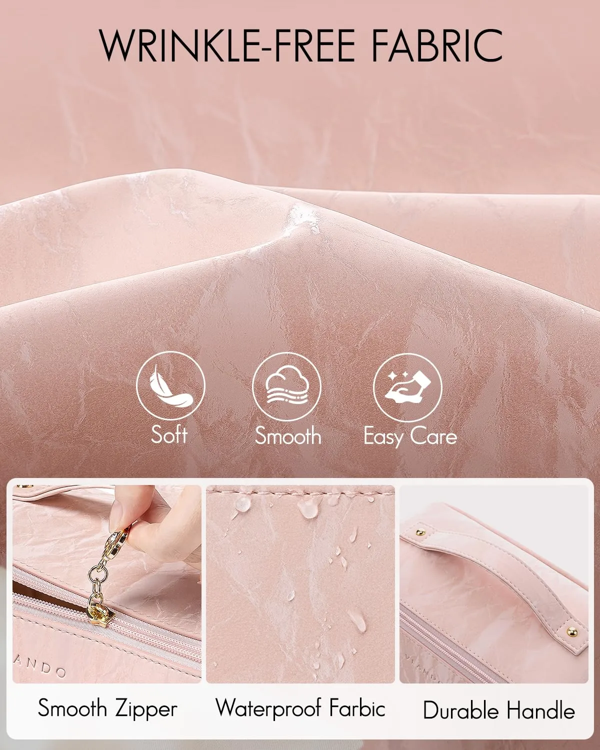Vlando Makeup Bag,Travel Makeup Bag Waterproof Portable Cosmetic Bag PU Leather Open Flat Make up Organizer for Toiletries,Christmas Gifts Birthday Gifts for Women Girls Travelers(Sand Pink)