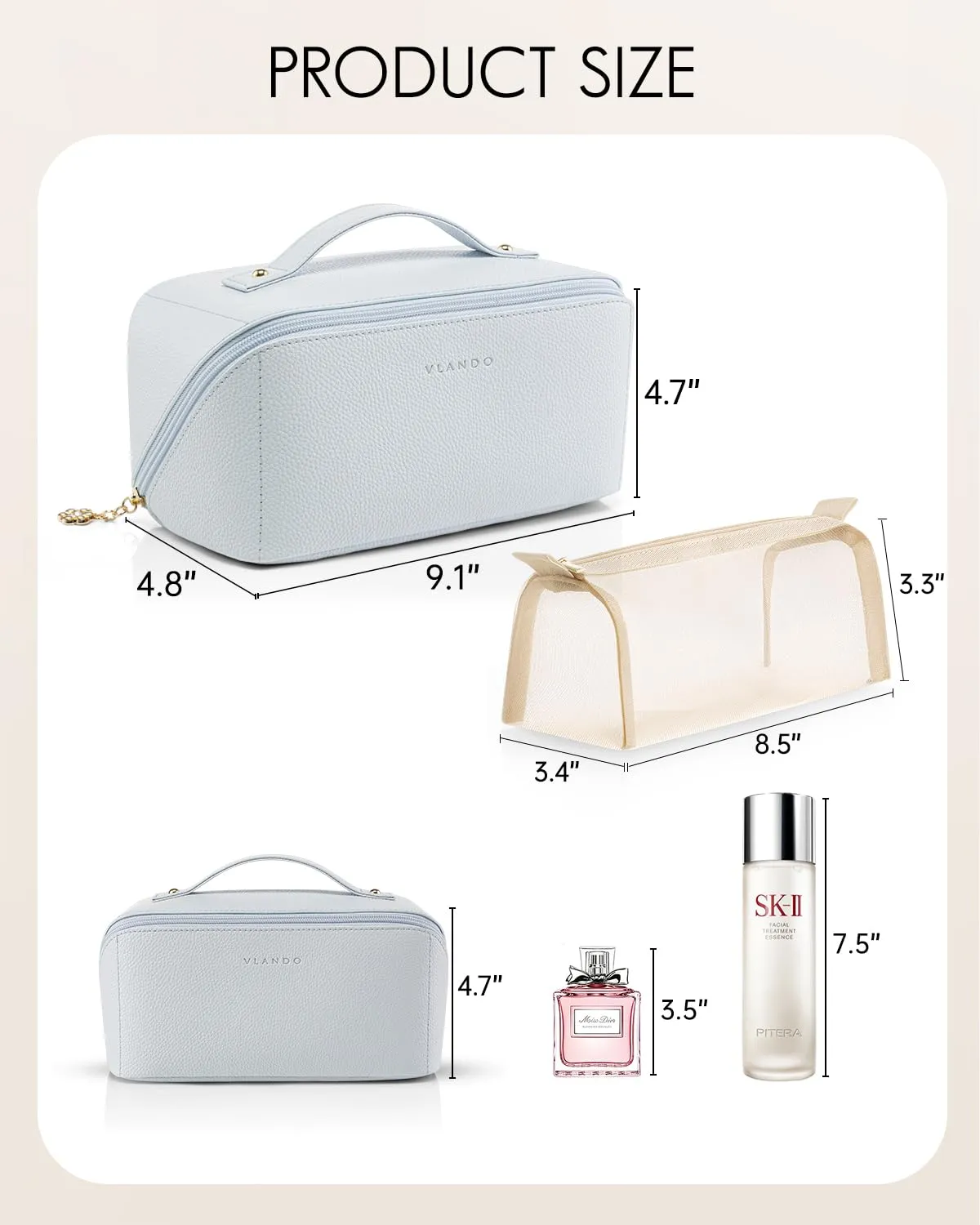 Vlando Makeup Bag,Travel Makeup Bag Waterproof Portable Cosmetic Bag PU Leather Open Flat Make up Organizer for Toiletries,Gifts for Teen Girls Women(Baby Blue)